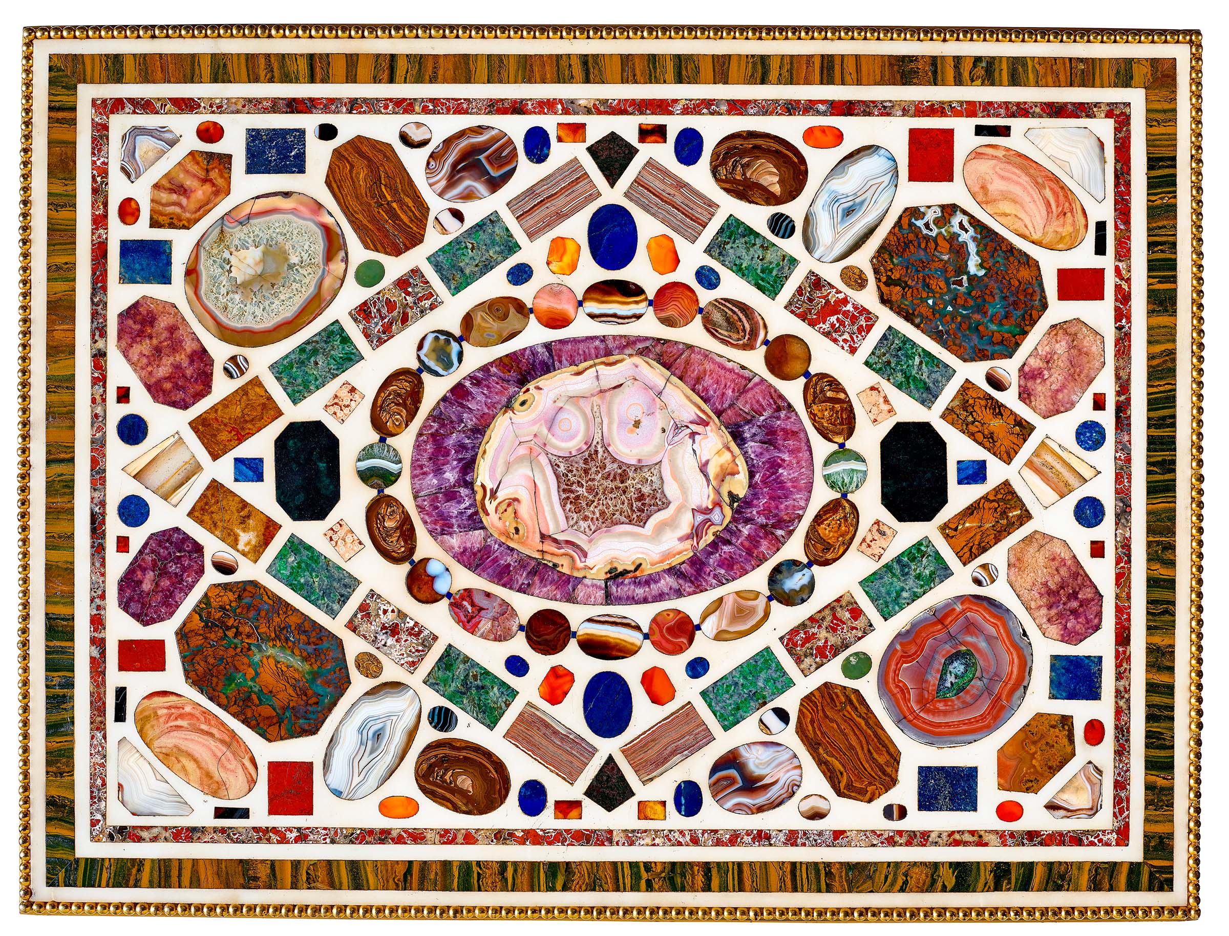 Detail of the magnificent Italian ormolu, white marble and semiprecious hardstone-inlaid center table