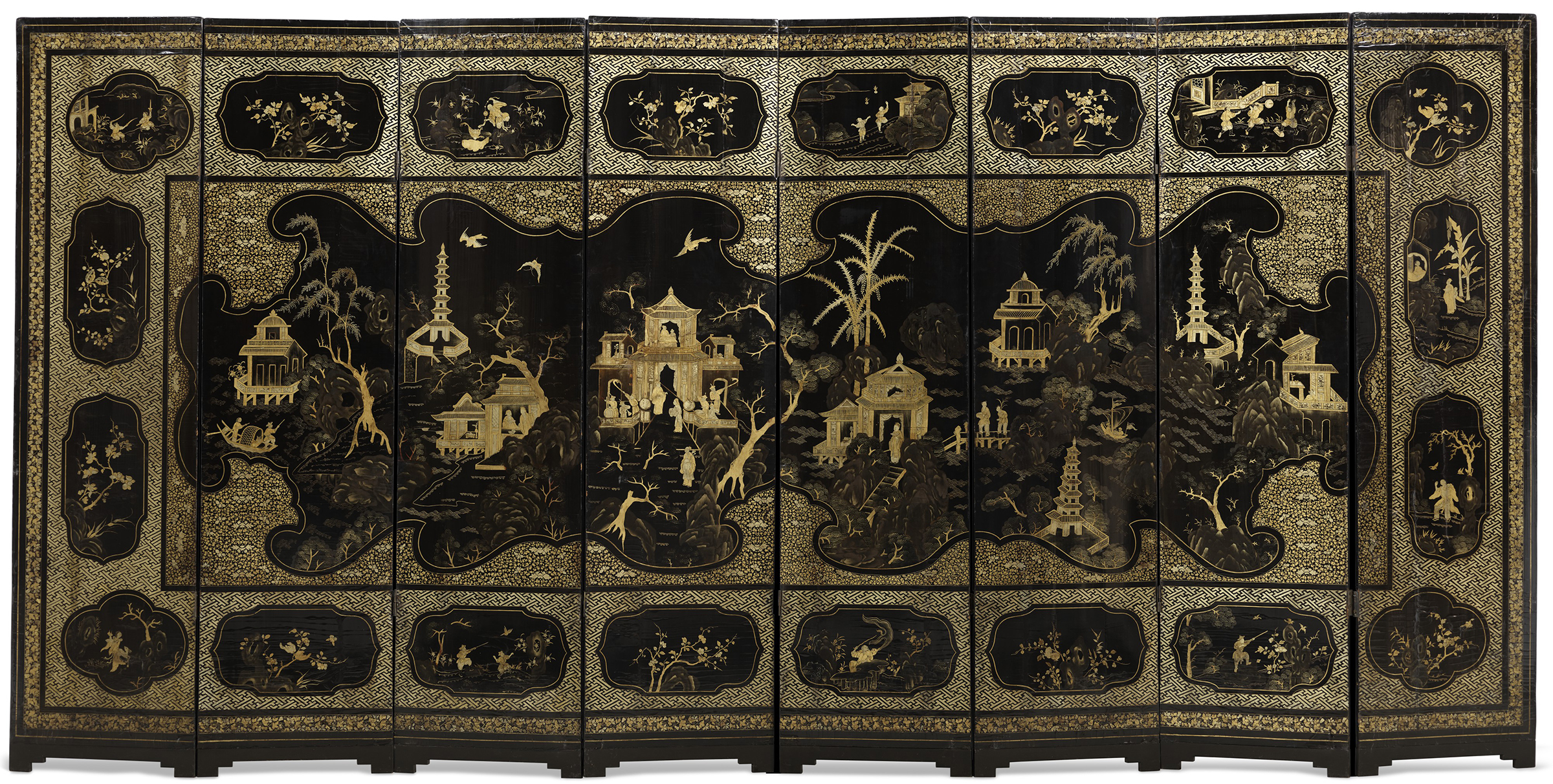 A Chinese gilt-decorated black lacquer eight panel folding screen, c. 19th century. 83.1/2 in (212.1 cm) high, 170 in (431.8 cm) wide. Estimate: $10,000-15,000. Offered in The Collection of Pierre Durand on 27 January 2022 at Christie&rsquo;s New York