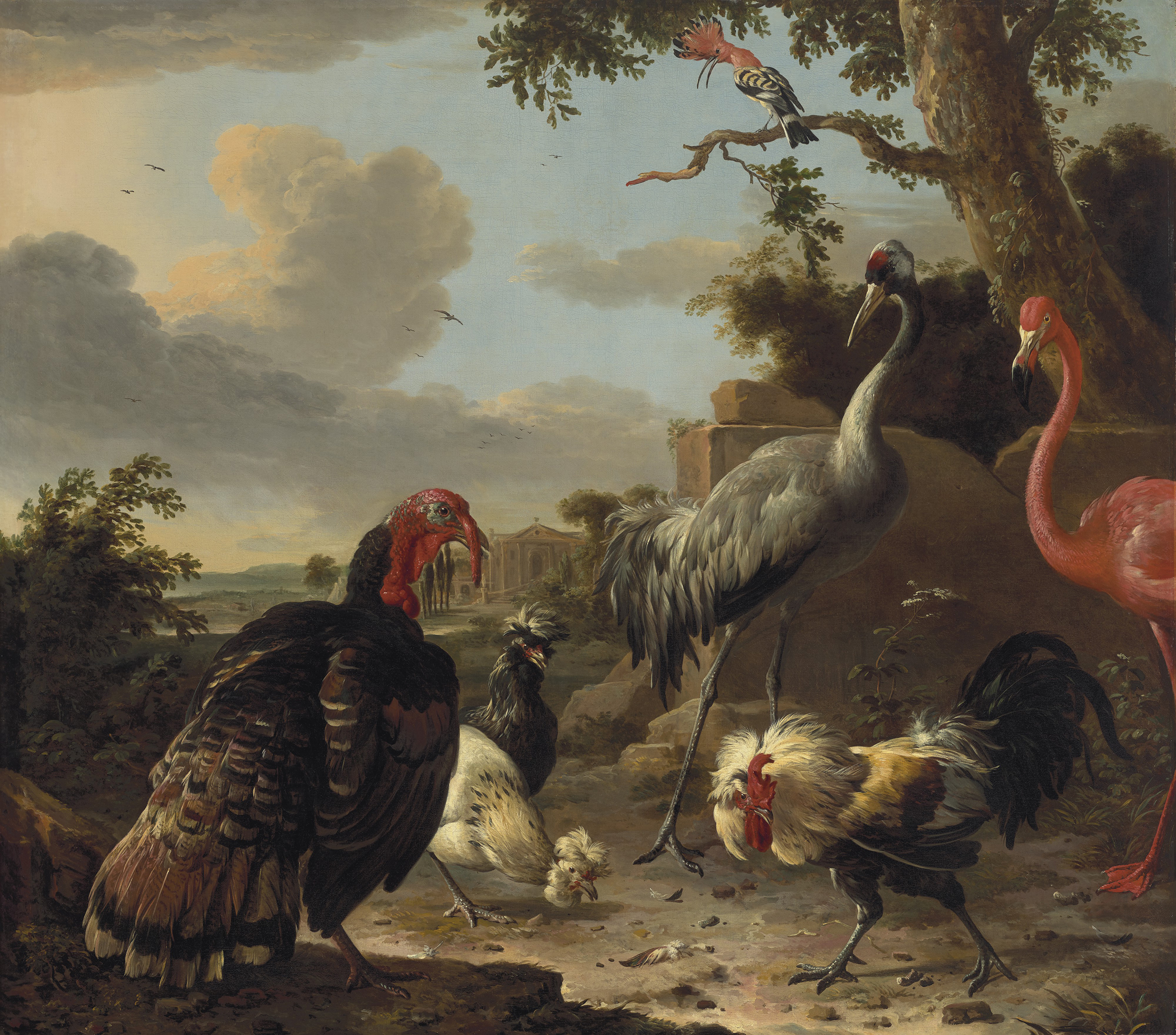 Melchior d&rsquo;Hondecoeter (1636-1695), A sarus crane, a flamingo, a wild bronze turkey cock, two Paduan fowl, a silver birchen game cockerel, and a hoopoe in a landscape, 1675. Oil on canvas. 61⅞ x 69⅞ in (157.2 x 177.5 cm). Estimate: $250,000-$350,000. Offered in The Collection of Pierre Durand on 27 January 2022 at Christie&rsquo;s New York