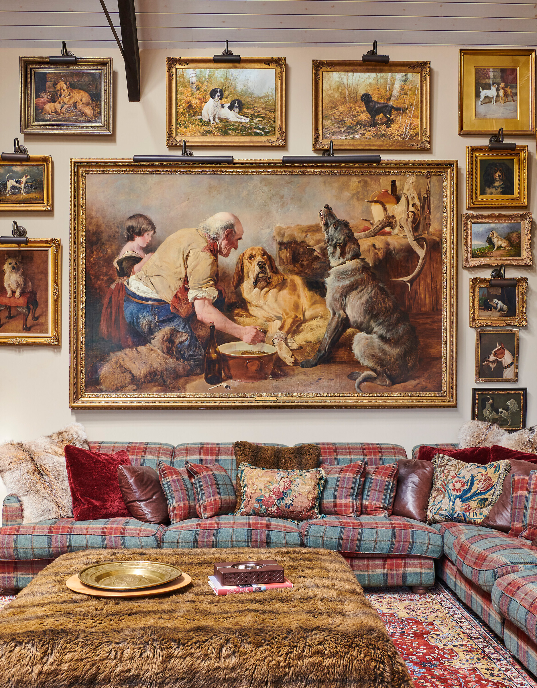 The ‘salon hang’ in the bar. Centre, Richard Ansdell, R.A. (1815-1885), The Wounded Hound, 1847. 58½ x 94 in (149.5 x 238.5 cm). Sold for £302,400 on 9 February 2023 at Christie’s in London