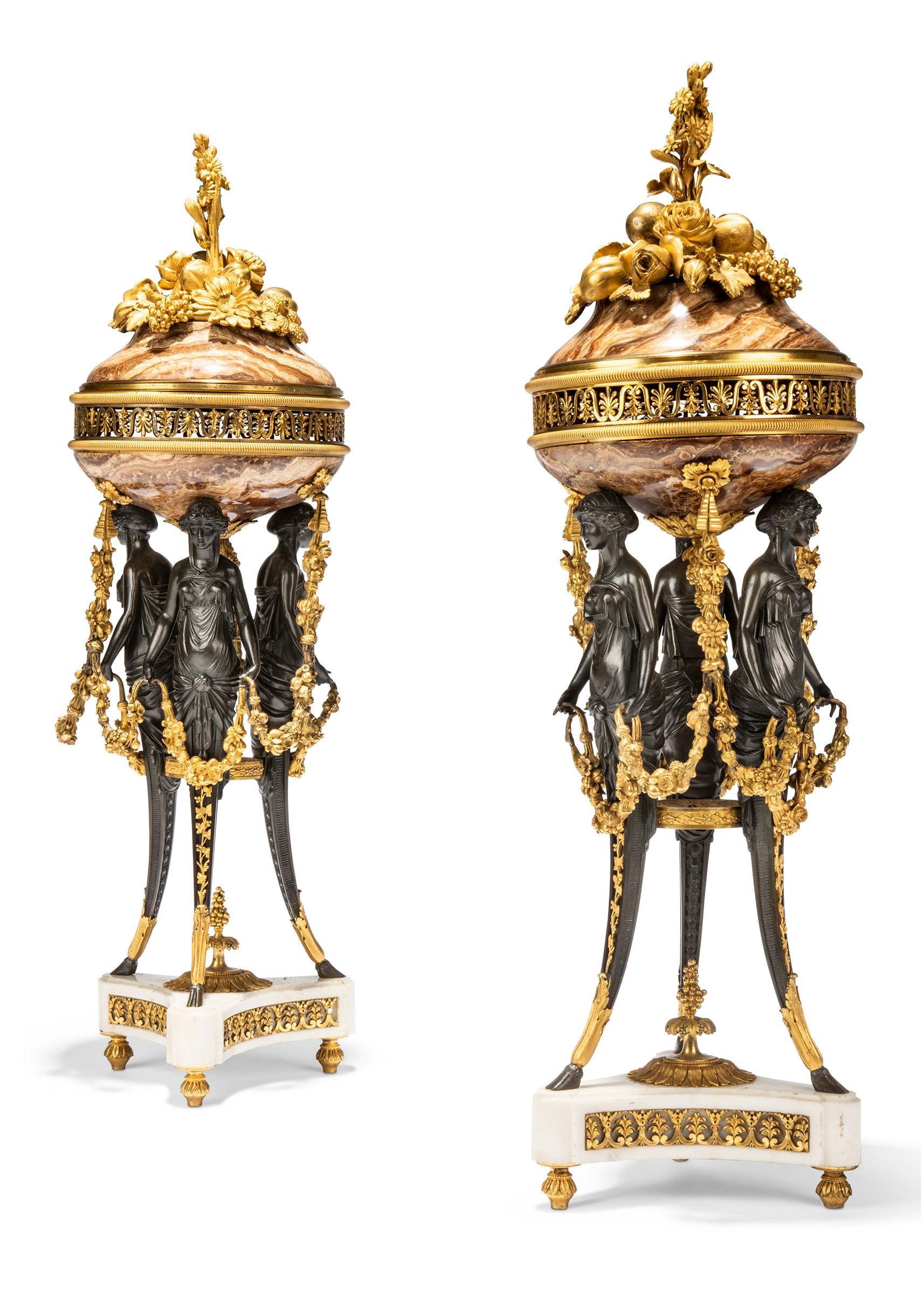 A pair of Louis XVI ormolu-mounted, patinated-bronze and alabastro fiorito brûle-parfums, circa 1785-90. 27 in (68.5 cm) high; 8 in (20 cm) diameter. Sold for £44,100 on 9 February 2023 at Christie’s in London