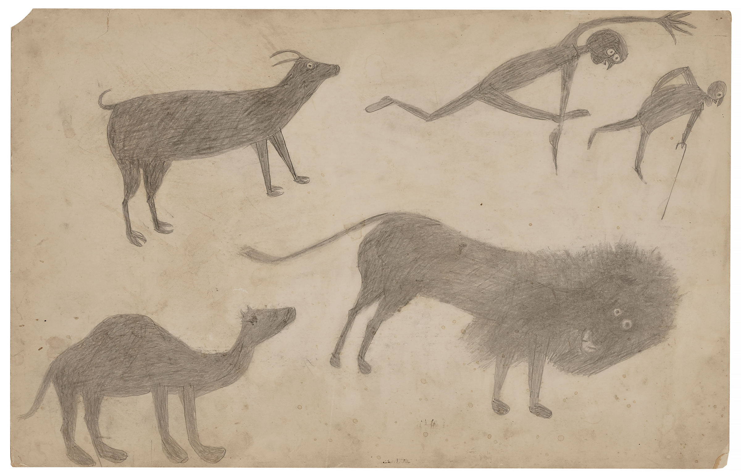 Bill Traylor (c. 1853-1949), Goat, Camel, Lion and Figures, c. 1939. Graphite on repurposed card. 14 x 22 in. Sold for $252,000 in Outsider and Vernacular Art on 18 January 2023 at Christie's in New York