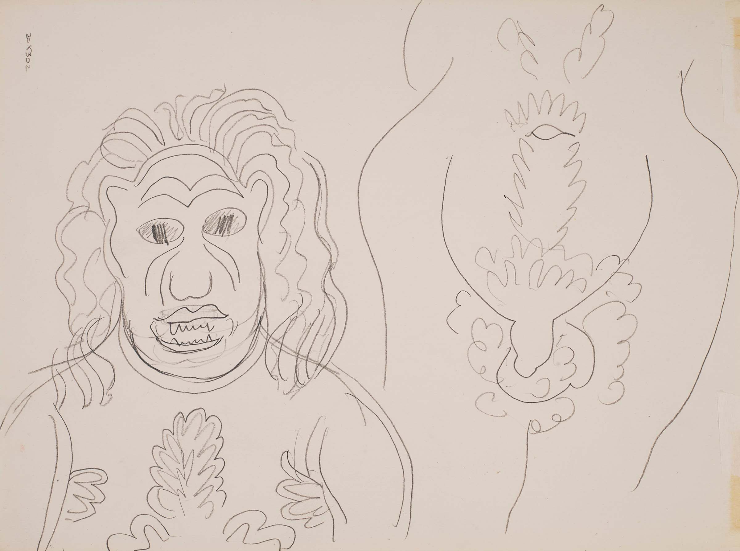 亨利‧马蒂斯(1869-1954)，《中国面具（背面）》，约1947年作。铅笔、纸本。38.4 x 28.5 cm.