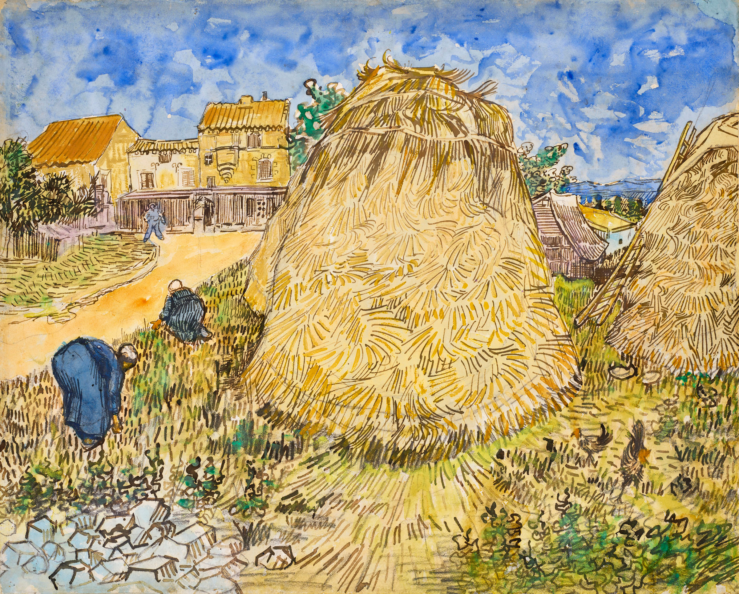 Vincent van Gogh (1853-1890), Meules de Blé, 1888. Gouache, watercolor, pen and brush and black ink over pencil on paper. 19 x 23 ¾ in. (48.5 x 60.4 cm.). Sold for $35,855,000 on 10 November 2021 at Christie’s in New York