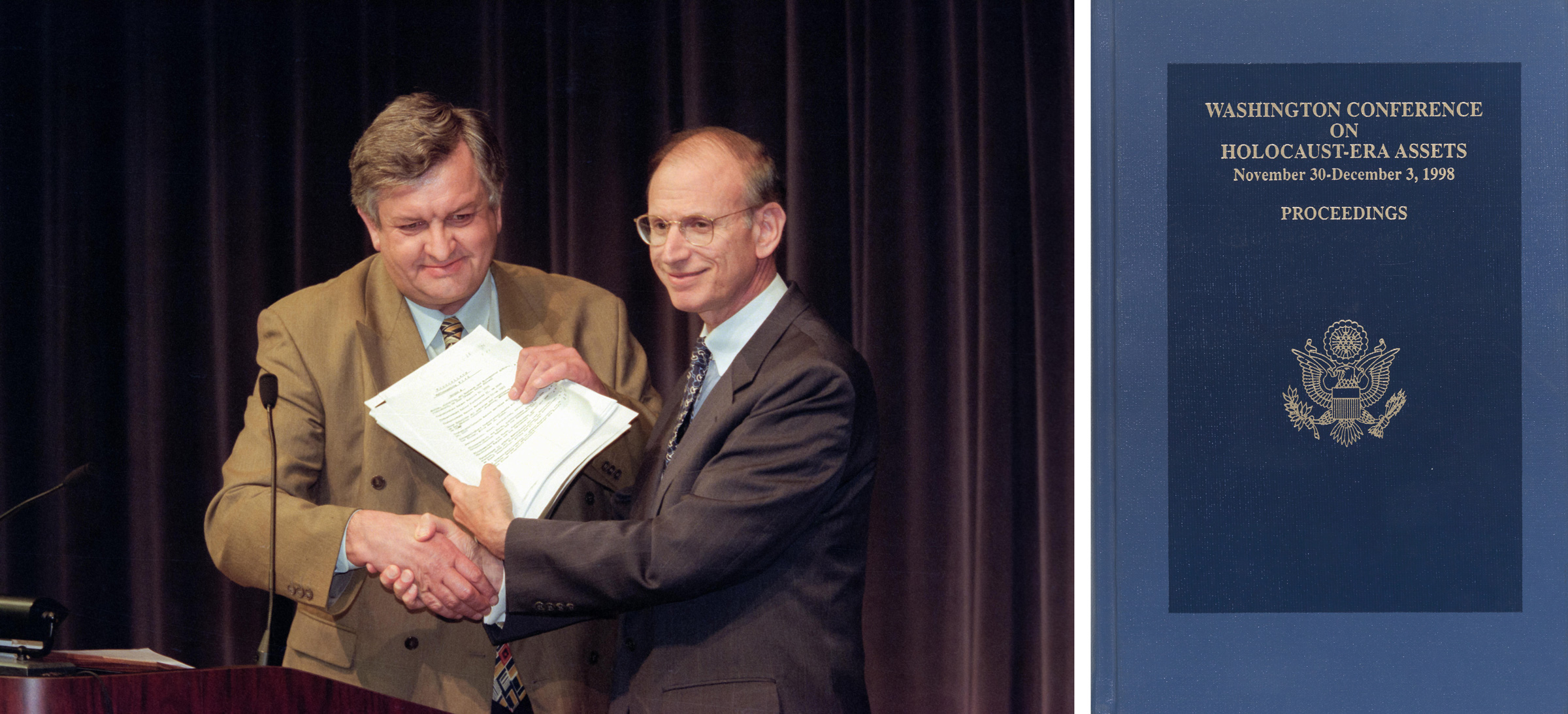 Left: US Under Secretary of State Stuart Eizenstat with Russian delegate Valery Kulishov at the opening ceremony for the Conference on Holocaust-Era Assets at the US Holocaust Museum November 30, 1998 in Washington, DC. Photo by Richard Ellis / Alamy Stock Photo. Right: J.D. Bindenagel, Washington Conference on Holocaust-Era Assets, November 30-December 3, 1998, Proceedings