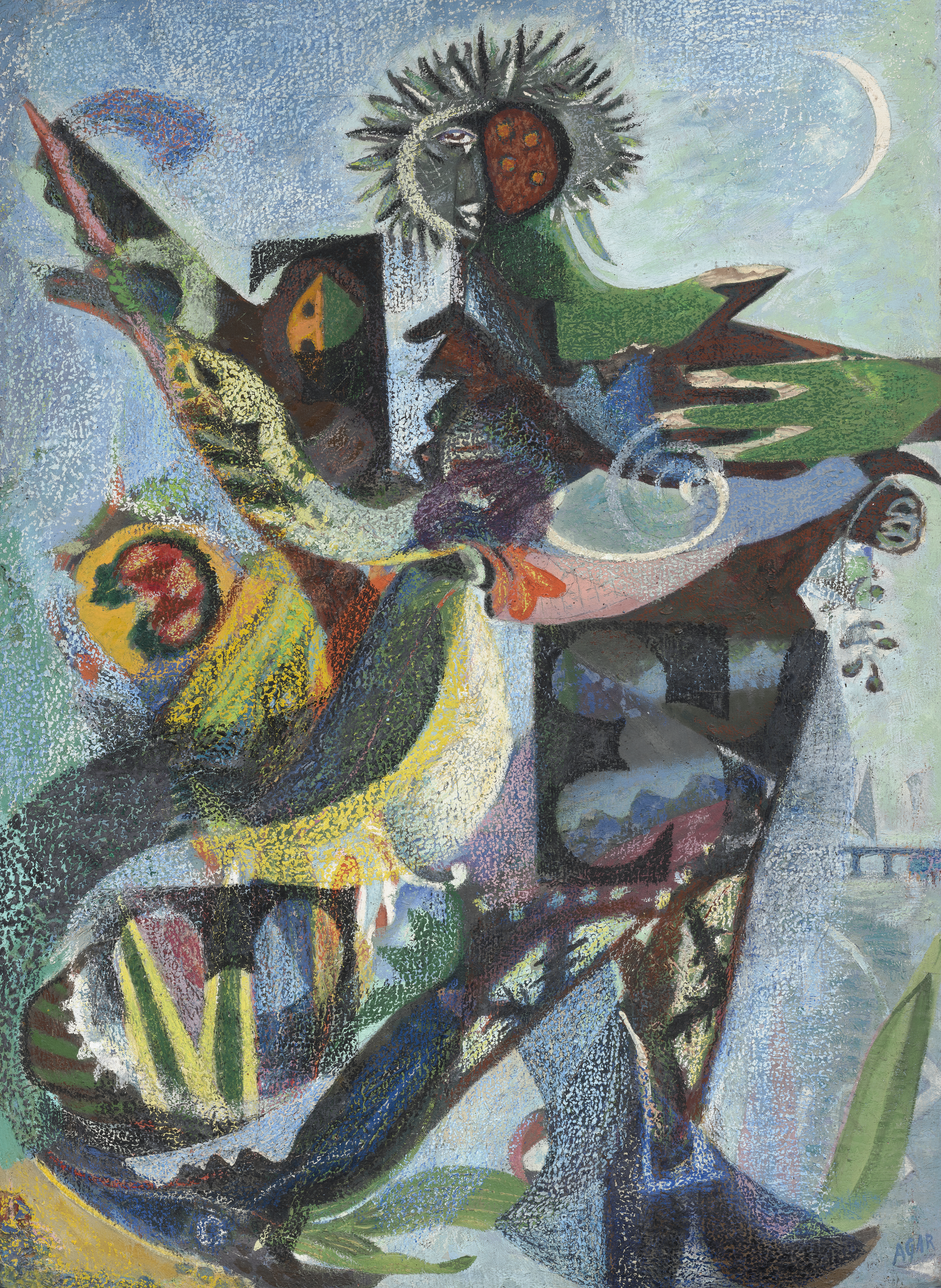 Eileen Agar (1899-1991), Wandering Minstrel, circa 1932. Oil on board. 29¾ x 22 in (75.6 x 55.8 cm). Sold for £45,360 on 22 March 2023 at Christie’s in London