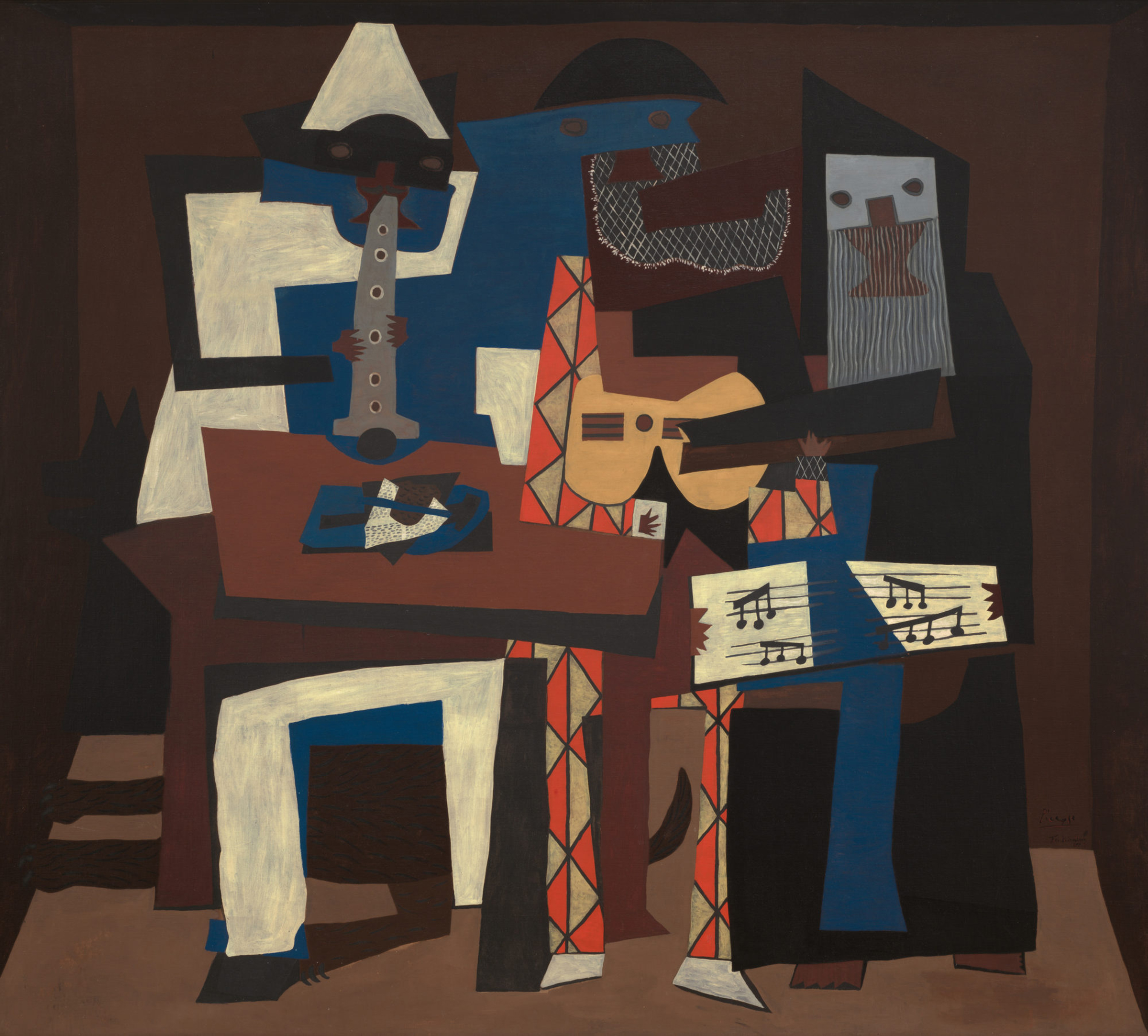 Pablo Picasso (1881-1973), Three Musicians, 1921. Oil on canvas, 6 ft 7 in x 7 ft 3¾ in (200.7 x 222.9 cm). The Museum of Modern Art, New York. Mrs. Simon Guggenheim Fund. Artwork: © 2022 Estate of Pablo Picasso / Artists Rights Society (ARS), New York
