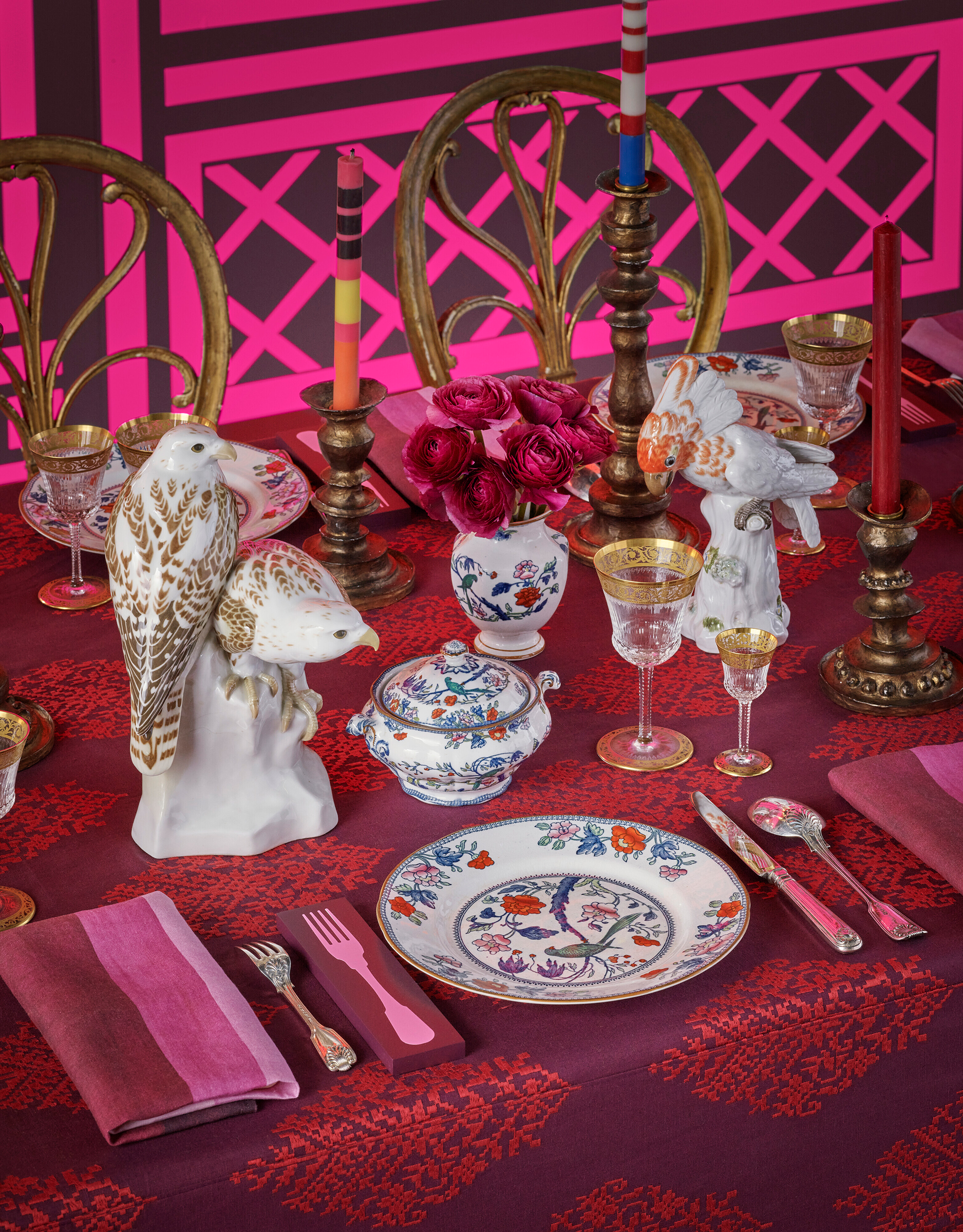 The London Edit: the falcons and cockatoo are Meissen, from a group of 11 porcelain models of birds (£10,000-15,000); while the tableware includes items from a Booths silicon china ‘Green Parrot’ pattern composite part table service (£5,000-8,000) and a Victorian silver table service (£2,600-3,500). The glasses are part of a composite St. Louis ‘Thistle’ pattern part table service (£6,000-8,000). All offered in The Collector: London, 4-18 April 2023 at Christie’s Online