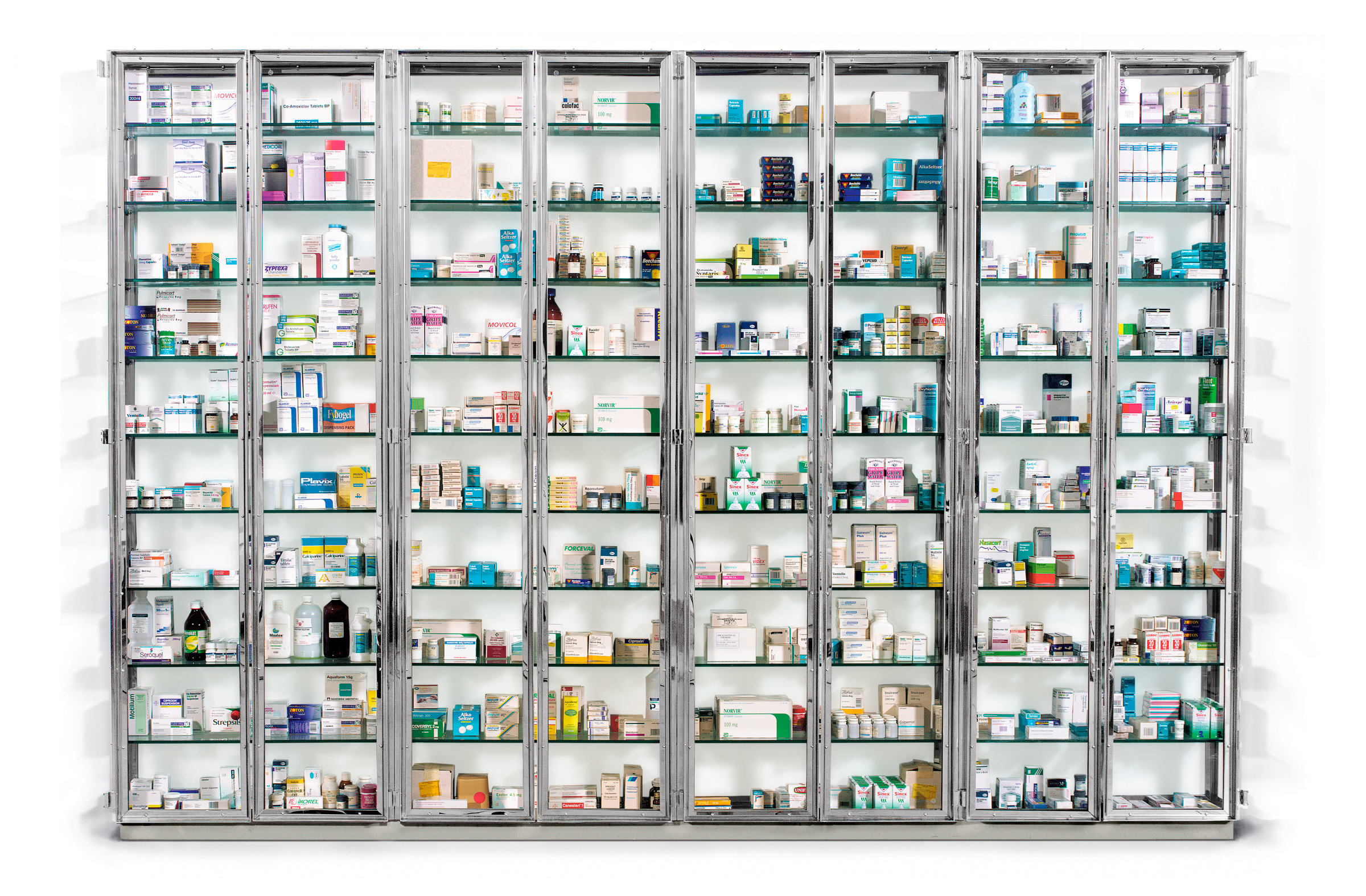 Damien Hirst (b. 1965), The Sleep of Reason, 1997-1998. 98 x 144⅞ x 11¼ in (249 x 368 x 28.6 cm). Glass, stainless steel, steel, nickel, brass, rubber and pharmaceutical packaging. Sold for $2,220,000 in ADAM: Works from the Collection of Adam Lindemann on 9 March 2023 at Christie’s in New York. © Damien Hirst and Science Ltd. All rights reserved, DACS 2022