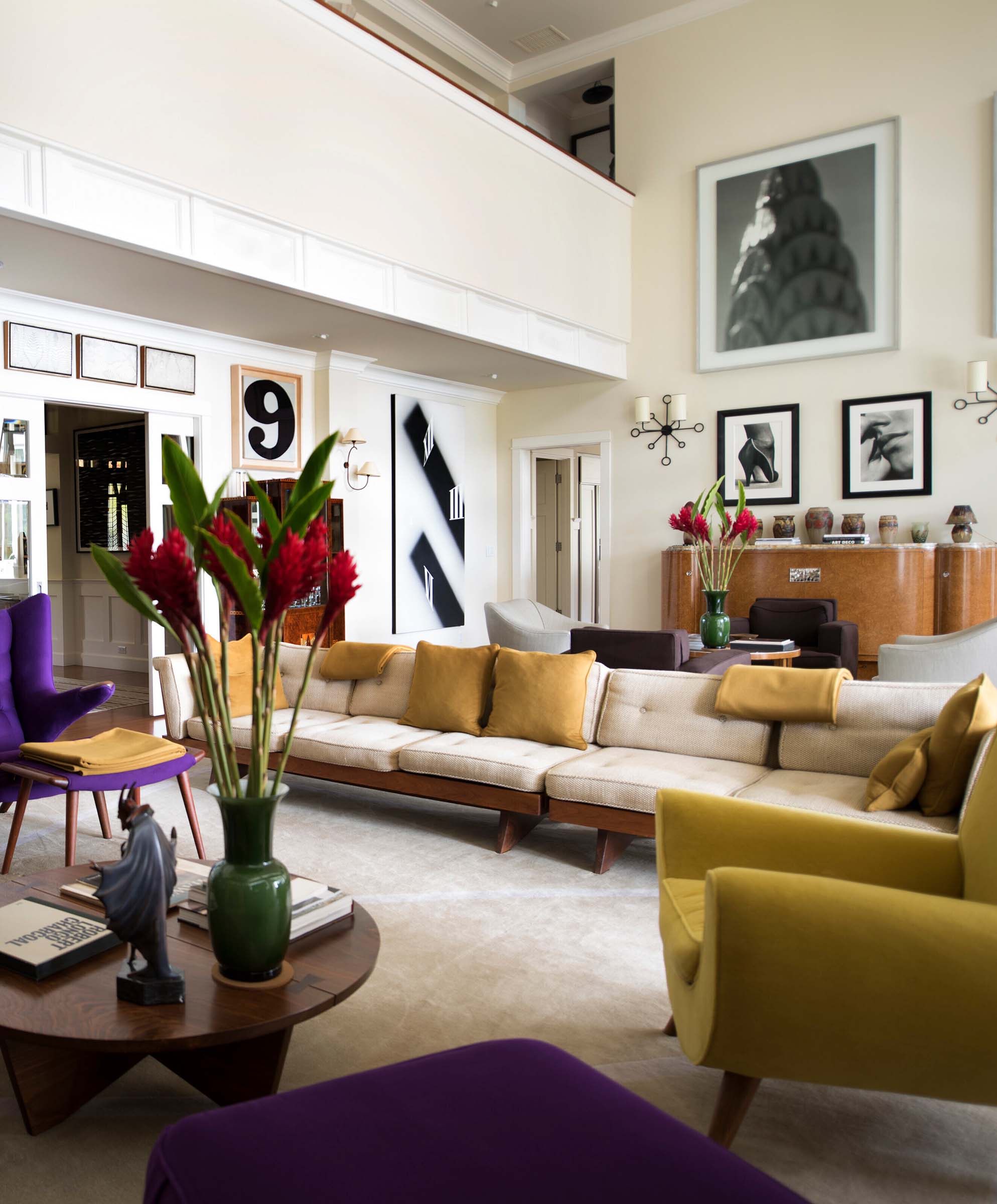 Amongst the myriad works in the living room are pieces by Hiroshi Sugimoto, Robert Indiana, Ed Ruscha, and Gabriel-Argy Rousseau