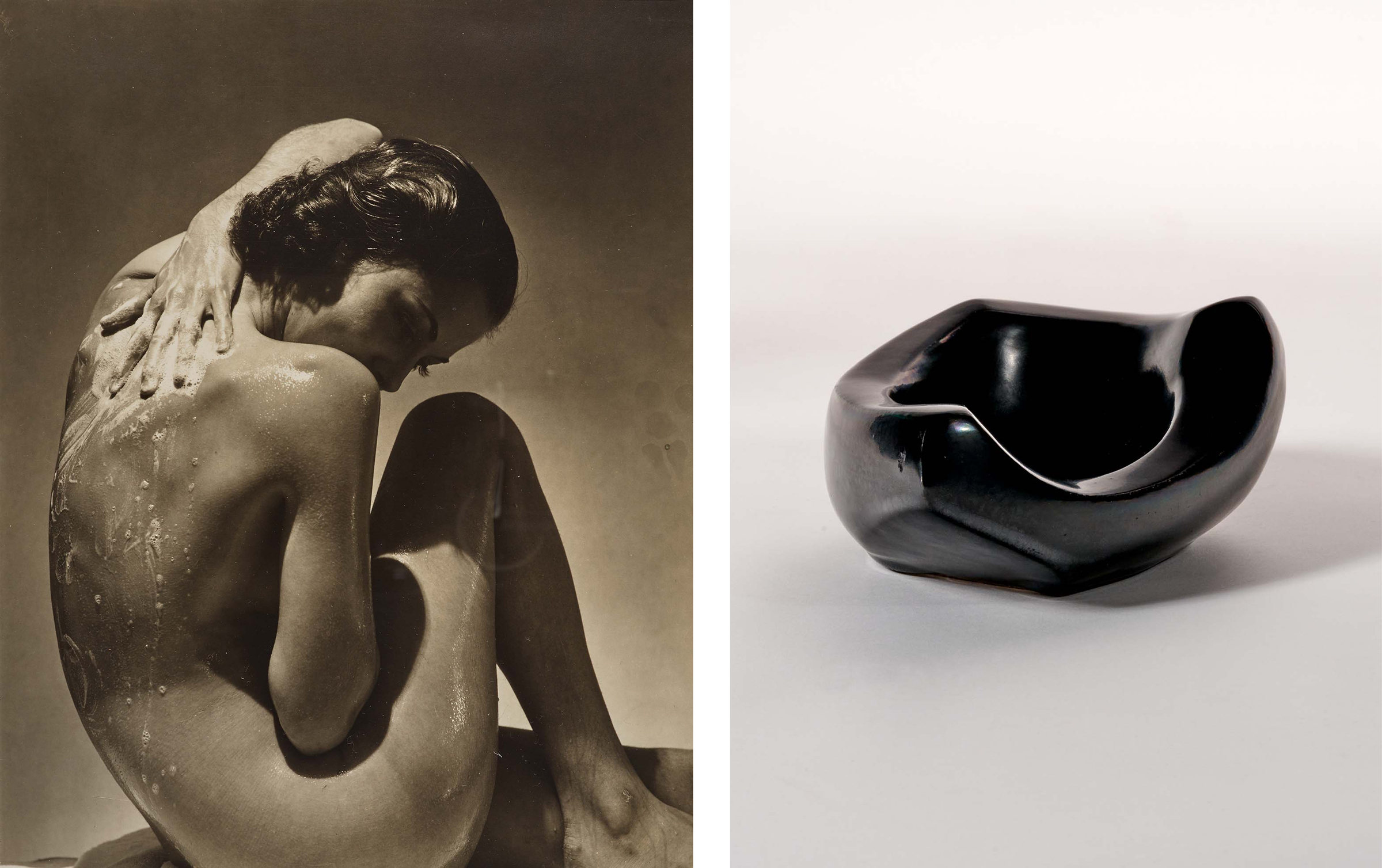 Left: Edward Steichen (1879–1973), Dixie Ray for Woodbury Soap, 1935. Gelatin silver print. Image: 9½ x 7½ in (24.1 x 19 cm.) sheet: 9 7/8 x 8 in (25 x 20.3 cm). Estimate: $40,000-60,000. Right: Georges Jouve (1910-1964), Vide Poche, c. 1955. Glazed ceramic. 2⅝ x 7¼ x 5⅛ in (6.7 x 18.4 x 13 cm). Estimate: $4,000-6,000. Both offered in Art of Collecting: A Pacific Island Connoisseur of Art and Design on 7 March 2023 at Christie’s New York