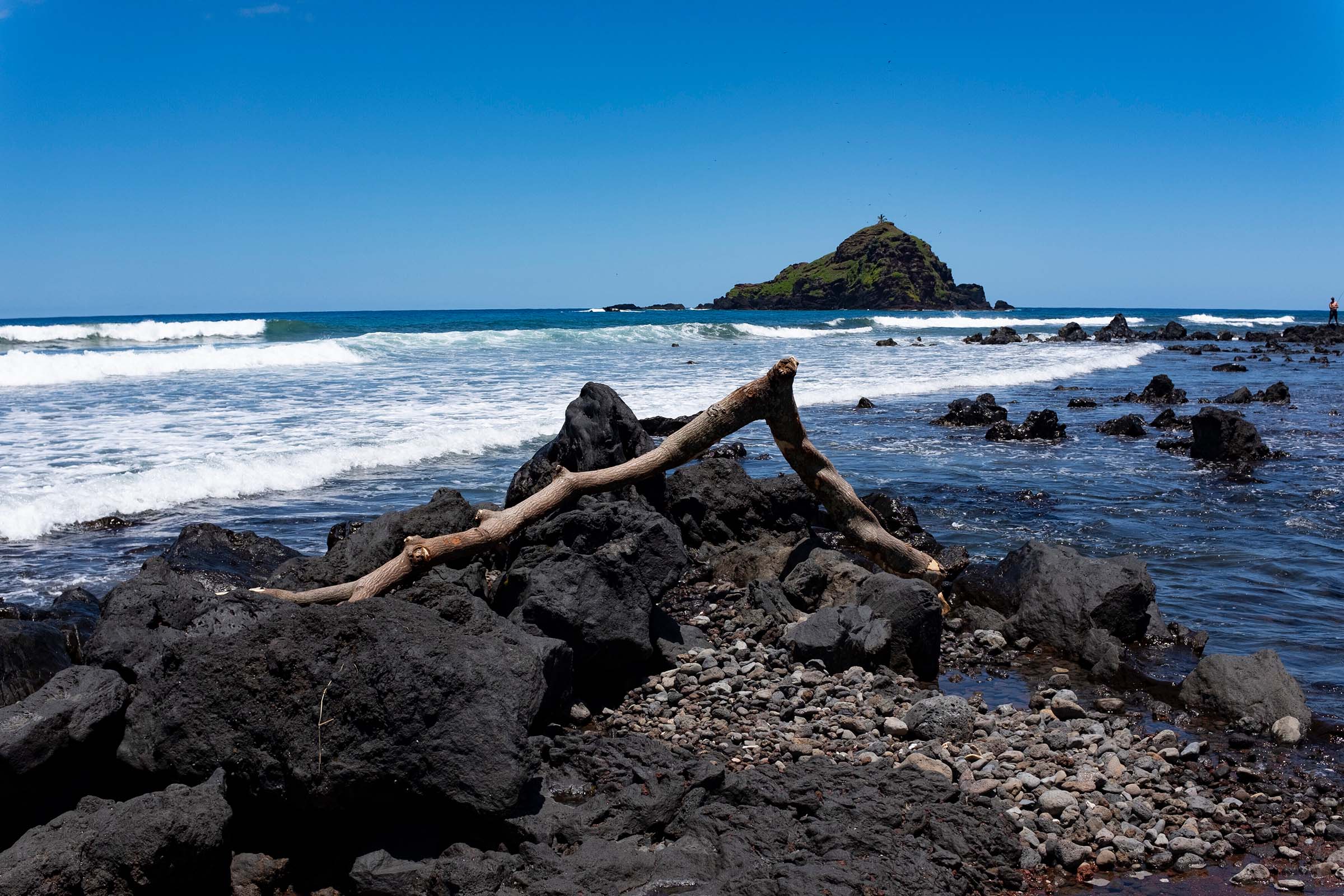The rocky shoreline outside of the collector’s Pacific Island home