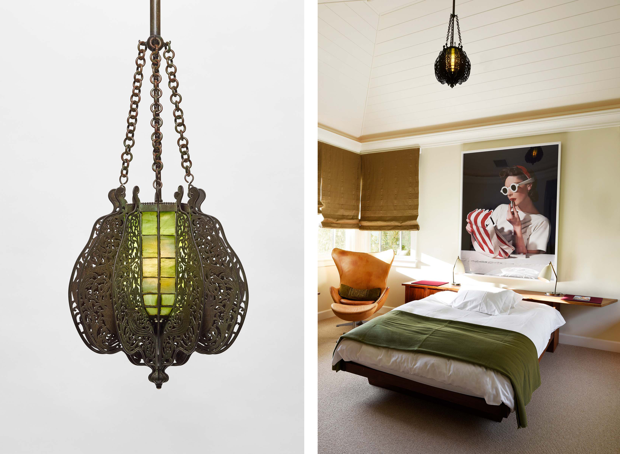 Left: Tiffany Studios, 'Moorish' lantern, c. 1900. Favrile glass, patinated bronze. 37 in. (94 cm) drop, 12 in (30.5 cm) diameter. Sold for $88,200 in Art of Collecting: A Pacific Island Connoisseur of Art and Design on 7 March 2023 at Christie’s New York. Right: In the bedroom, a rounded Tiffany Studios lantern is in conversation with an Arne Jacobsen ‘Egg’ chair, Nakashima bed, and Horst P Horst photograph
