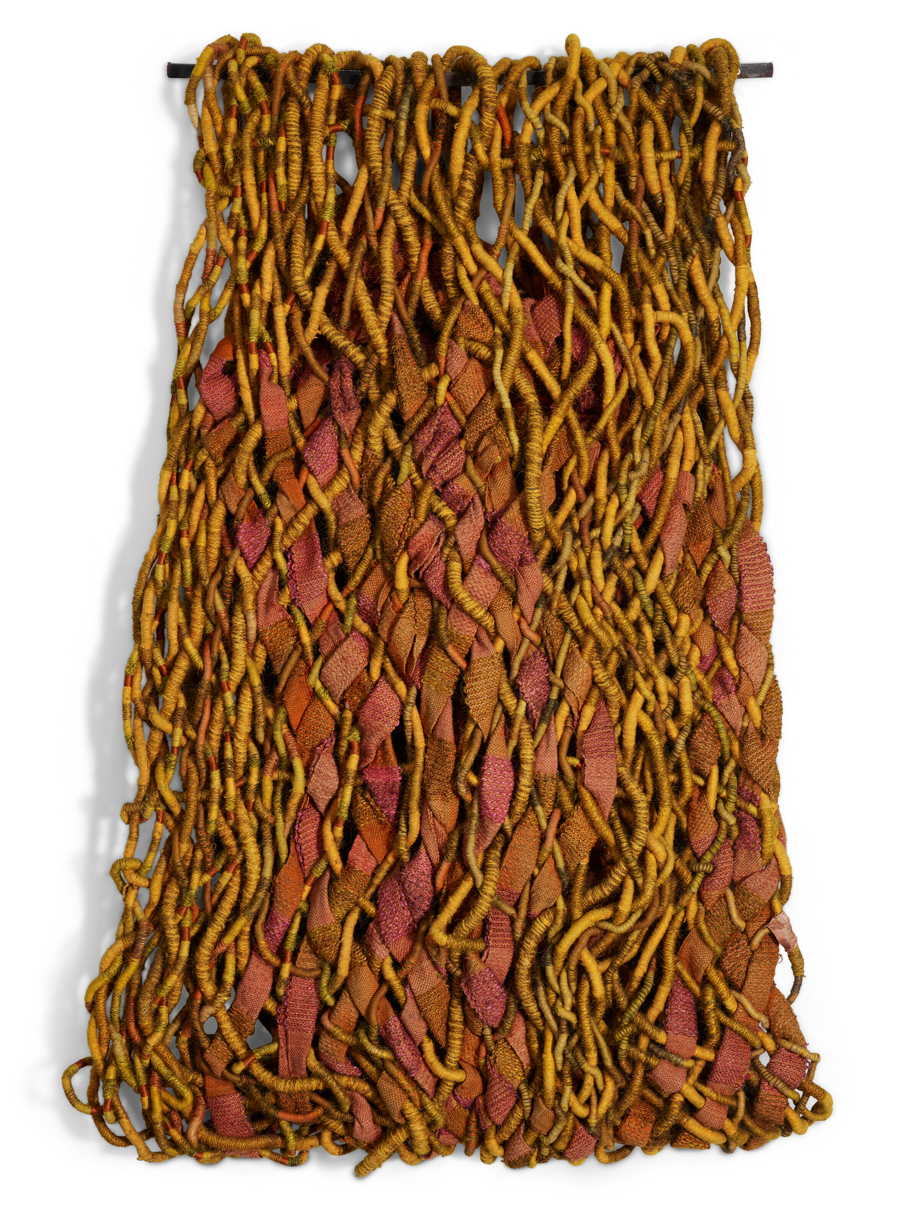 Olga de Amaral (b. 1932), Entrelazado en amarillo, 1975. 64 x 44 in (162.5 x 111.7 cm). Horsehair and wool. Sold for $100,800 in Latin American Art on 9 March 2023 at Christie's in New York