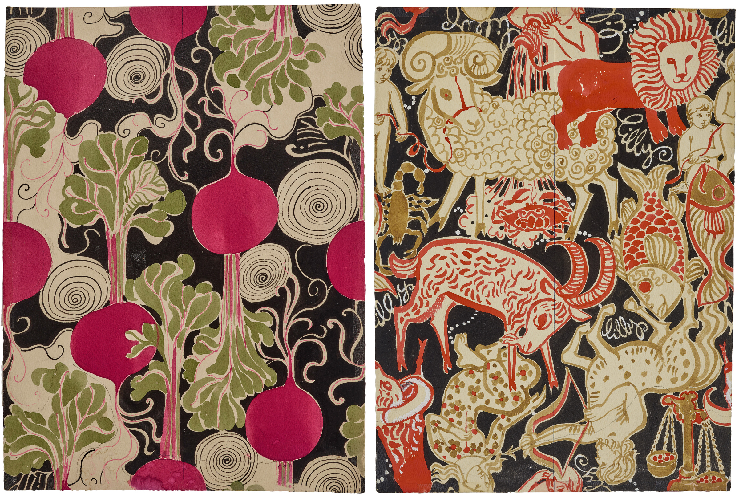 Left: Suzie Zuzek (1920-2011), Beets, 1972. Watercolour, ink, and graphite on paper. 15 x 11 in. (38.1 x 27.9 cm). Sold for $7,560. Right: Suzie Zuzek (1920-2011), Horoscopes, 1973. Watercolour, gouache, ink and graphite on paper. 15 x 11 in. (38.1 x 27.9 cm). Sold for $5,670. Both sold in Suzie Zuzek: The Artist Behind Lilly Pulitzer on 17 April at Christie’s online. Both Images: © The Original I.P. LLC