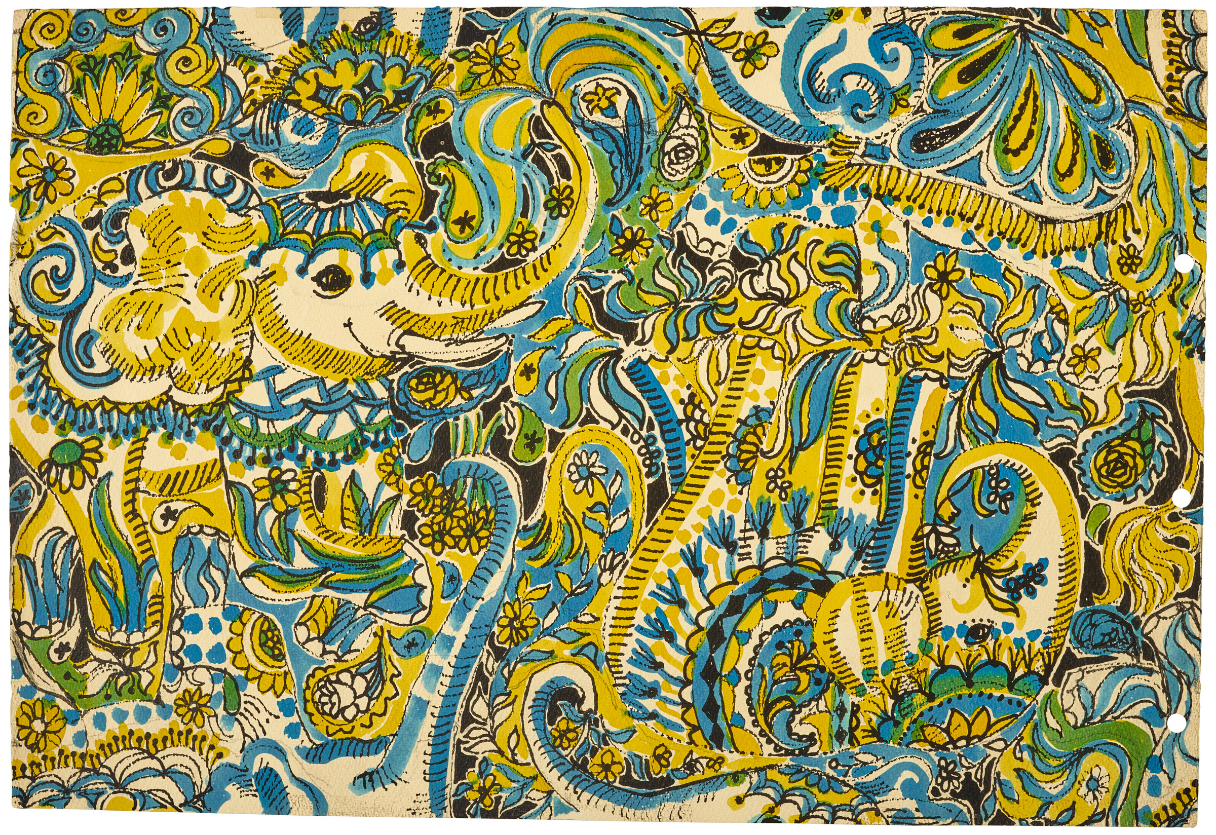 Suzie Zuzek (1920-2011), Elephants, 1970. Watercolour, ink, and graphite on paper. 22 ¼ x 15 in. (65.5 x 38.1 cm). Sold for $7,560 in Suzie Zuzek: The Artist Behind Lilly Pulitzer on 17 April at Christie’s online. © The Original I.P. LLC