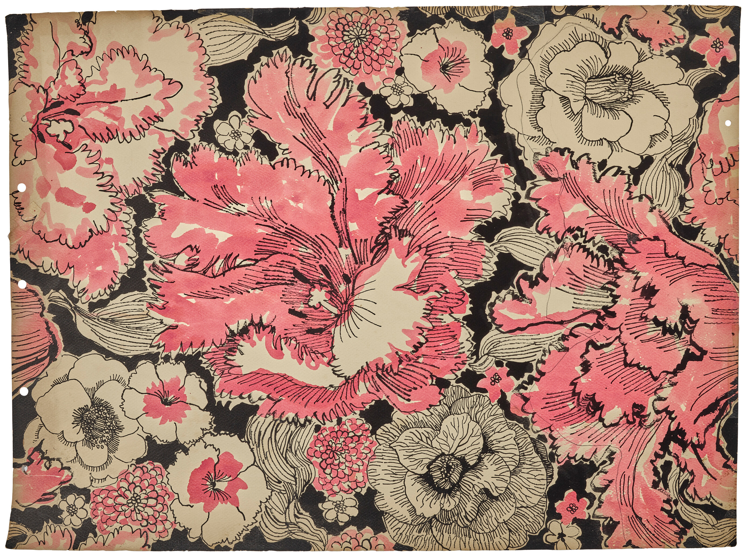Suzie Zuzek (1920-2011), Tiny Tulips, 1969. Watercolour, ink, and graphite on paper. 22⅛ x 30 in. (56 x 76.2 cm). Sold for $11,340 in Suzie Zuzek: The Artist Behind Lilly Pulitzer on 17 April 2023 at Christie’s online. © The Original I.P. LLC