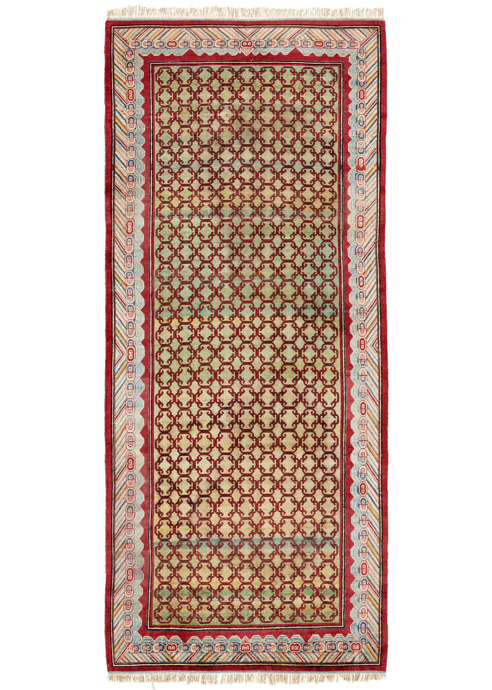 A silk Yarkand carpet, east Turkestan, circa 1880. 10 ft 4 in x 4 ft 6 in (315 x 137 cm). Estimate: &pound;25,000-35,000. Offered in Art of the Islamic and Indian Worlds Including Oriental Rugs and Carpets on 27 April 2023 at Christie&rsquo;s in London