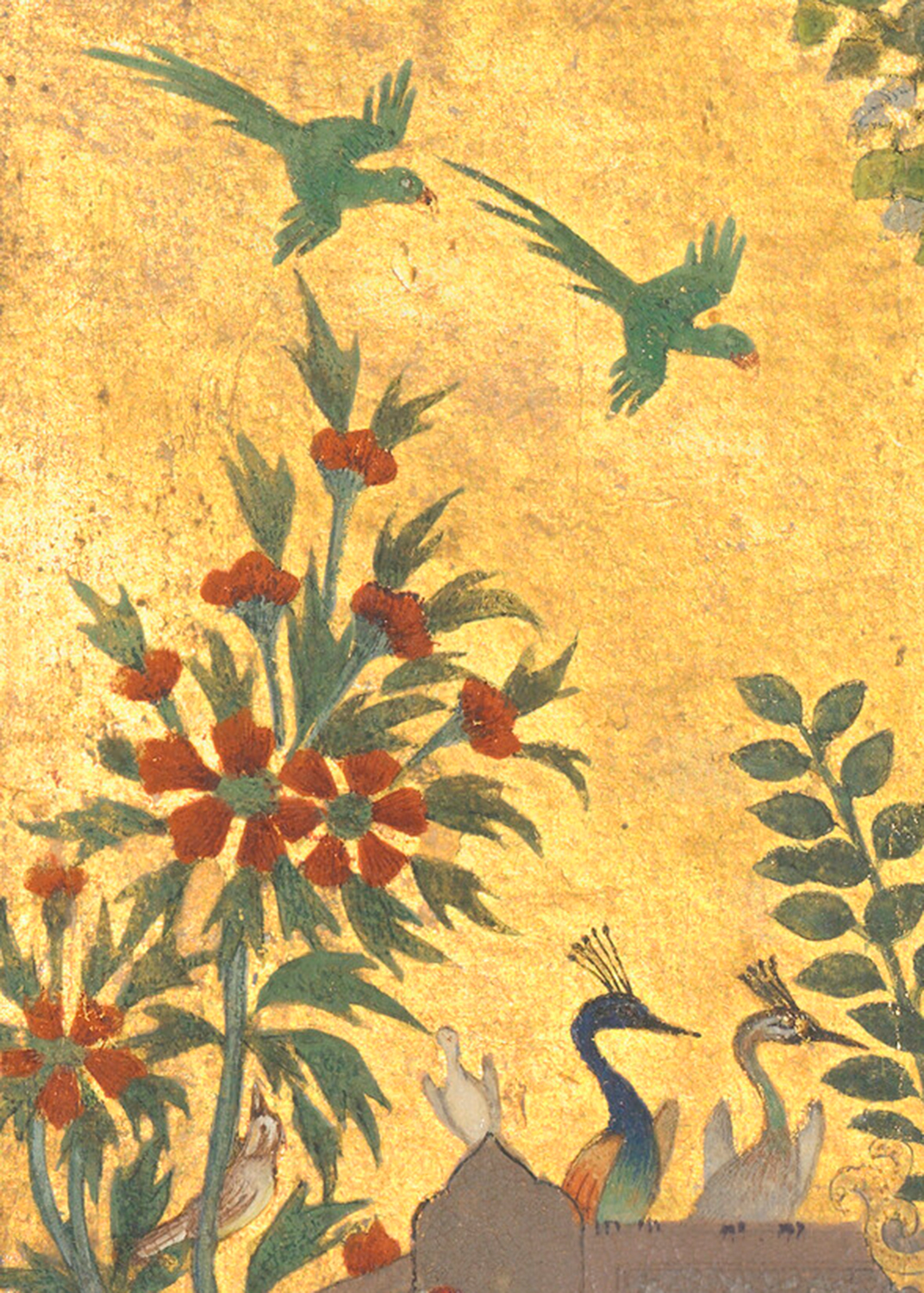 Details from the painting to be offered at Christie&rsquo;s, showing some of the avian menagerie against the golden sky