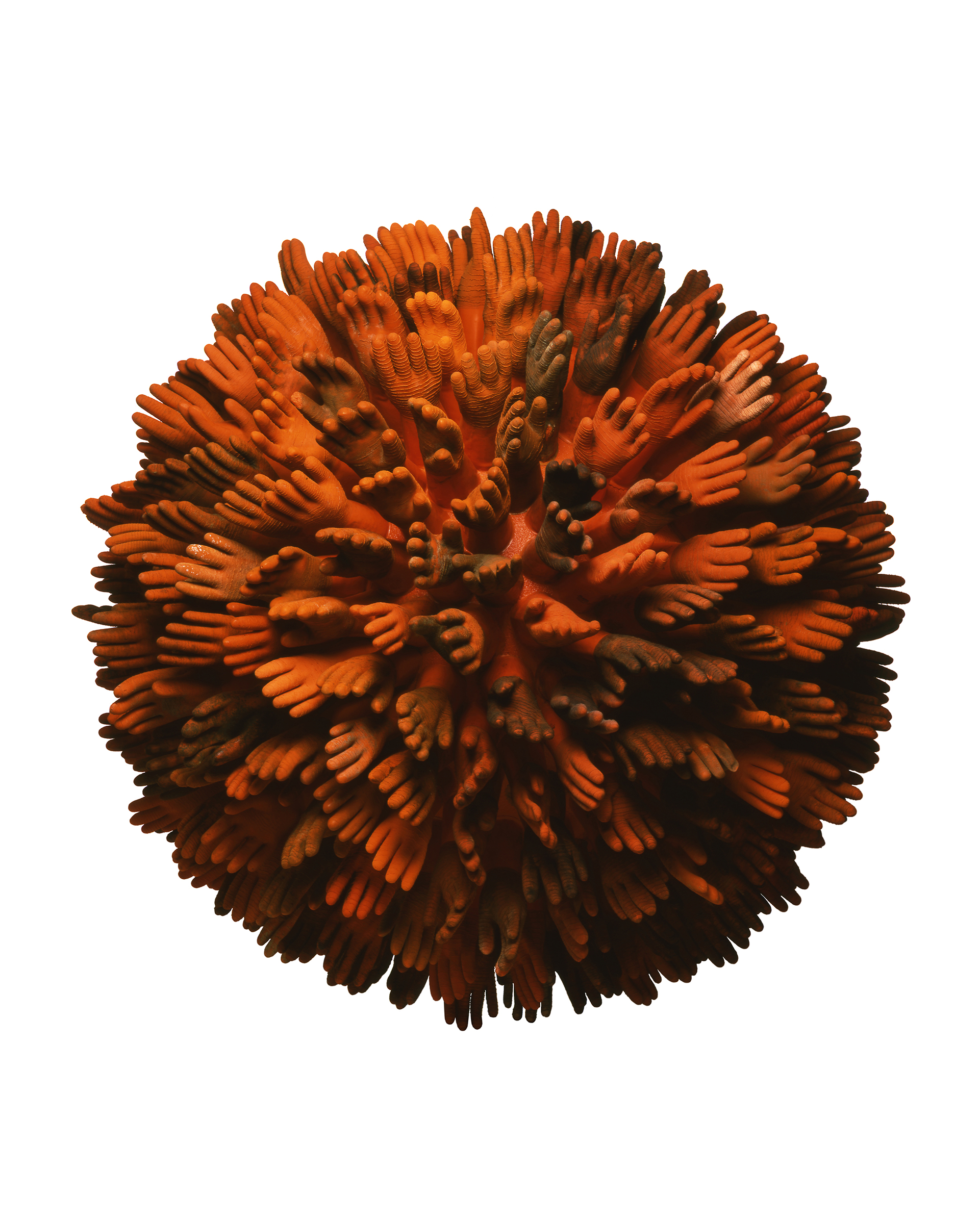 Stuart Haygarth, Harpon 321, from the 2008 Selfridges commission Storm Project. Orange rubber gloves, polystyrene sphere, expanding foam and rubber paint