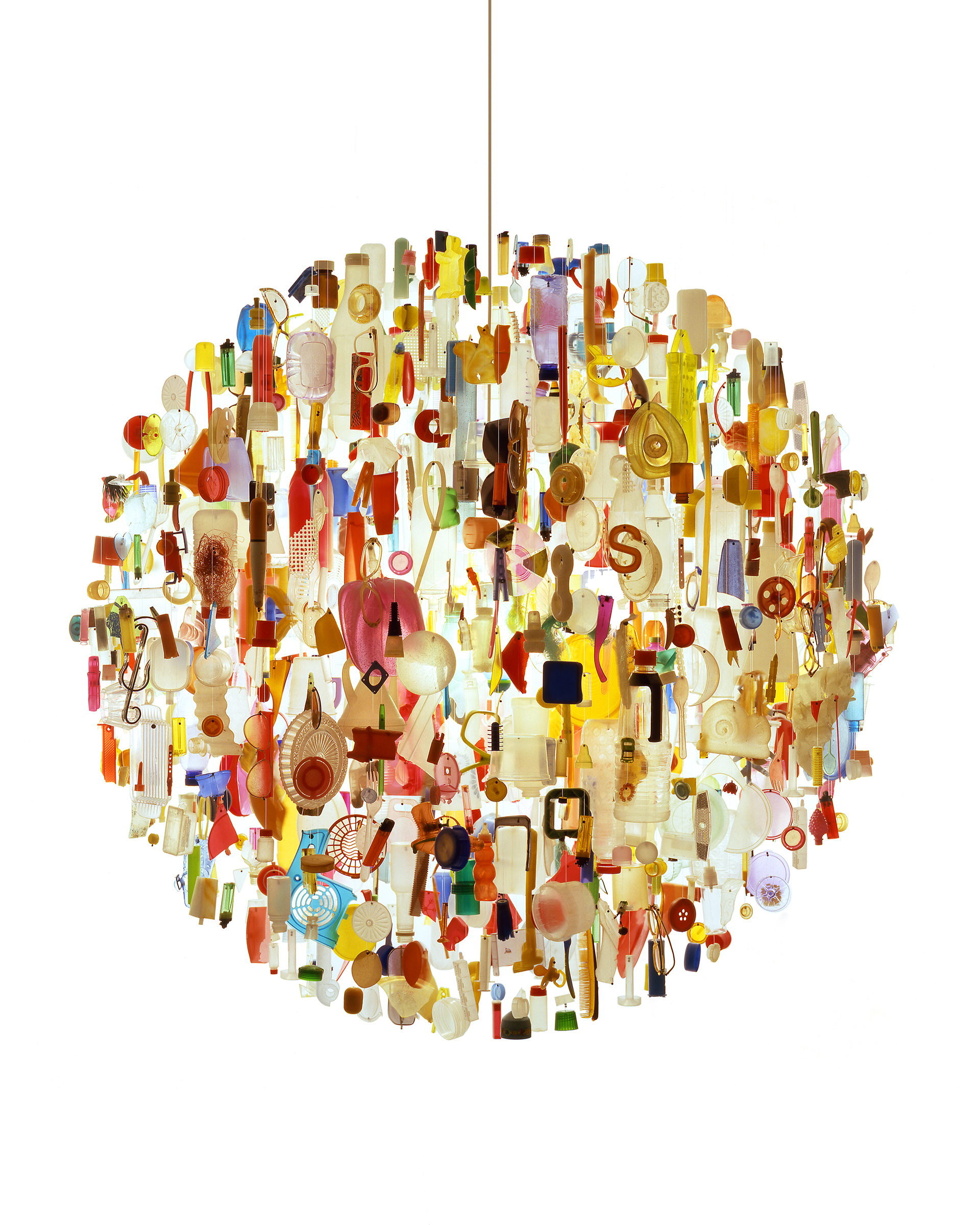 Stuart Haygarth, Tide 200, 2018. Found beach plastic, micro cable, plywood ceiling panel