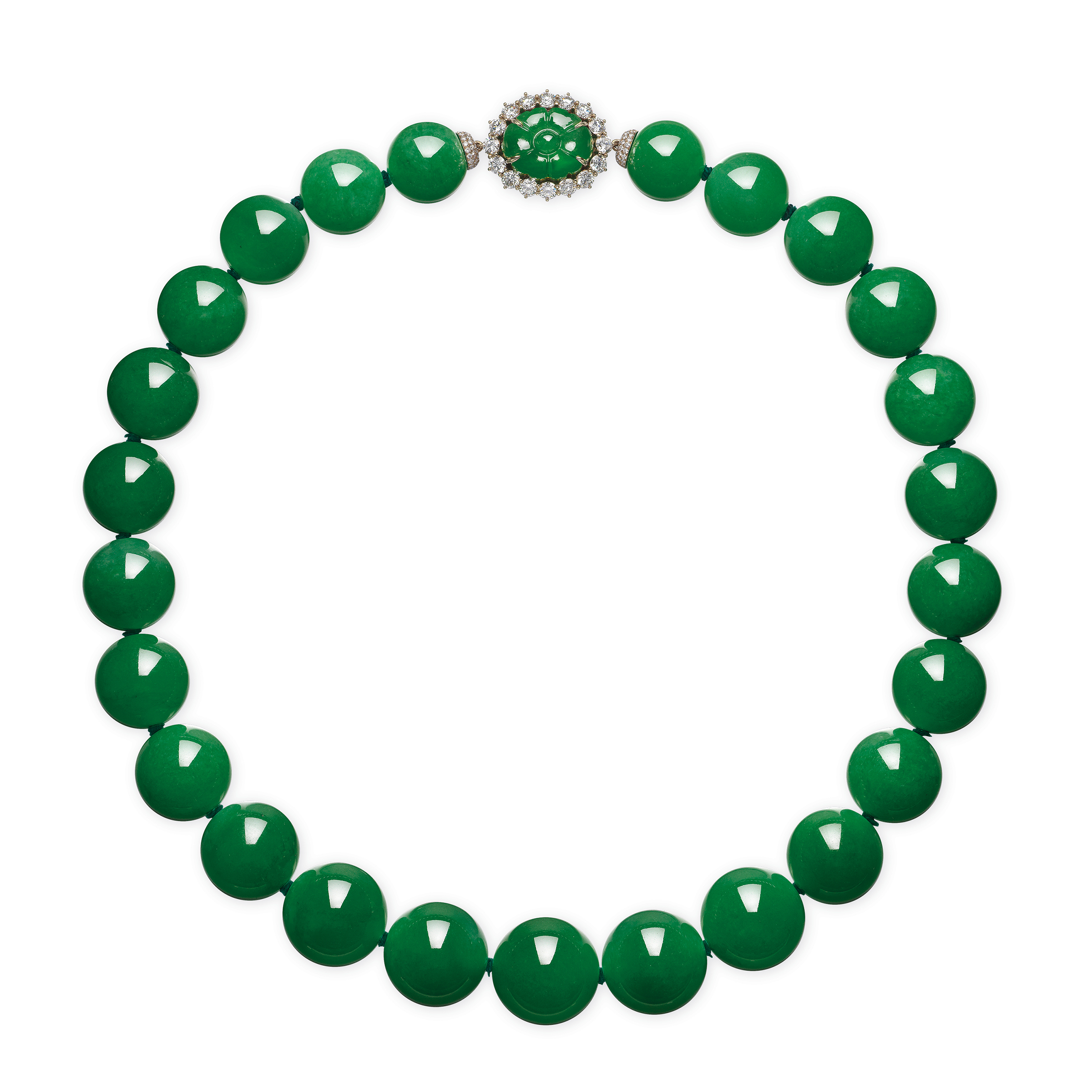 An exceptional Bulgari jadeite and diamond necklace. Twenty-five jadeite beads measuring approximately 21.1 to 15.9 mm, carved jadeite, round diamonds, 18k white gold. Estimate on request. Offered in The World of Heidi Horten Part I on 10 May 2023 at Christie’s in Geneva