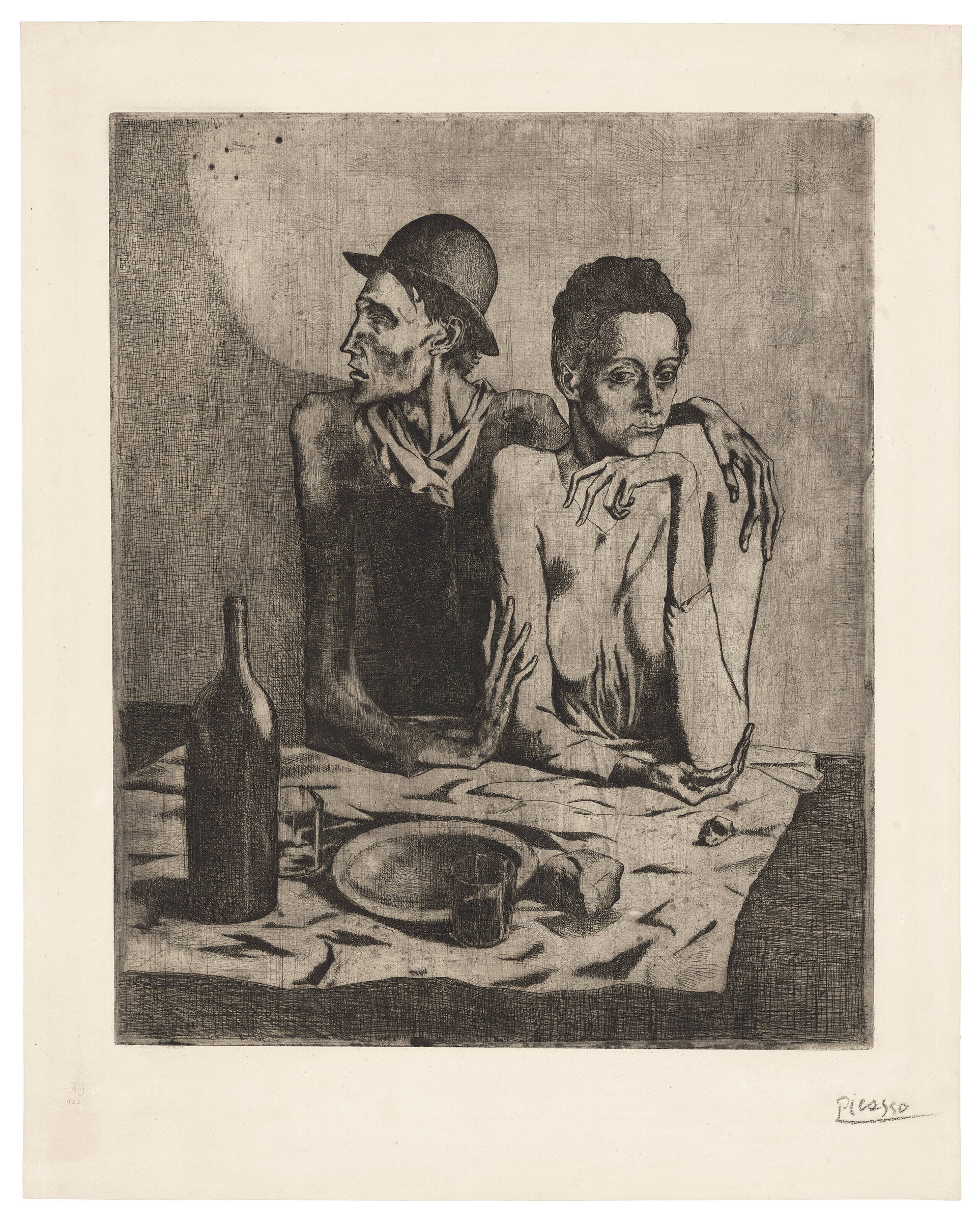 Pablo Picasso (1881-1973), Le repas frugal, 1904. Etching and scraper, on laid Arches paper. 23 x 18¼ in (58.4 x 46.5 cm). Estimate: $3,000,000-5,000,000. Offered in 20th Century Evening Sale on 11 May 2023 at Christie's in New York