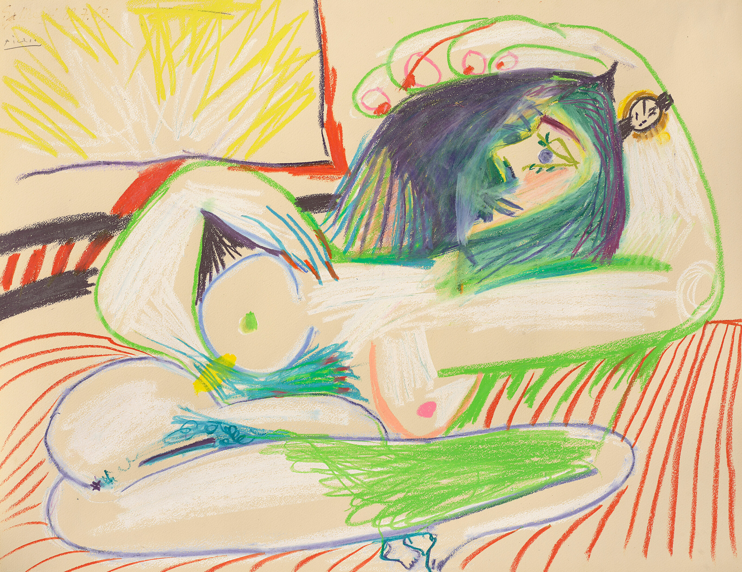 Pablo Picasso (1881-1973), Nu couché, 1969. Oil stick and coloured wax crayons on paper. 19¾ x 25⅞ in (50.2 x 65.5 cm). Estimate: $700,000-1,000,000. Offered in A Century of Art: The Gerald Fineberg Collection Part I on 17 May 2023 at Christie's in New York