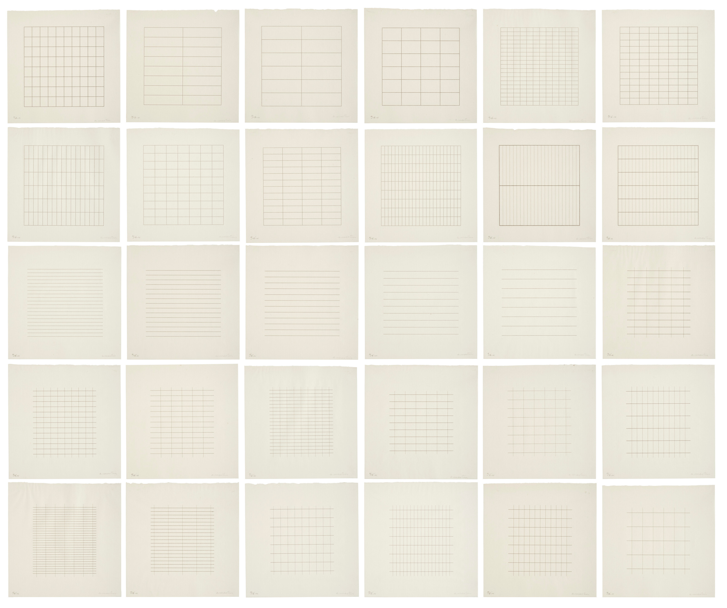 Agnes Martin (1912-2004), On a Clear Day, 1973. Complete set of 30 screenprints in gray, on Japan rag paper. Each Sheet: 12 ⅛ x 12 in. (30.8 x 30.6 cm). Sold for $264,600 in The Sale of the Century: An Important Corporate Collection of Prints and Multiples on 19 April at Christie's in New York