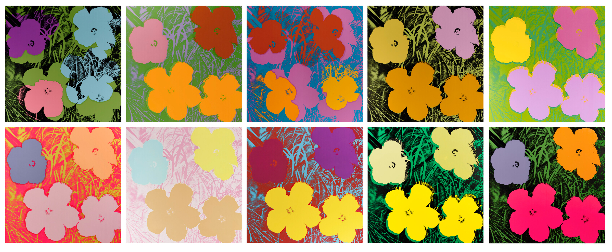 Andy Warhol (1928-1987), Flowers, 1964. Complete set of ten screenprints in colors, on wove paper. Each Sheet: 36 x 36 in. (91.4 x 91.4 cm). Sold for $2,349,000 in The Sale of the Century: An Important Corporate Collection of Prints and Multiples on 19 April at Christie's in New York