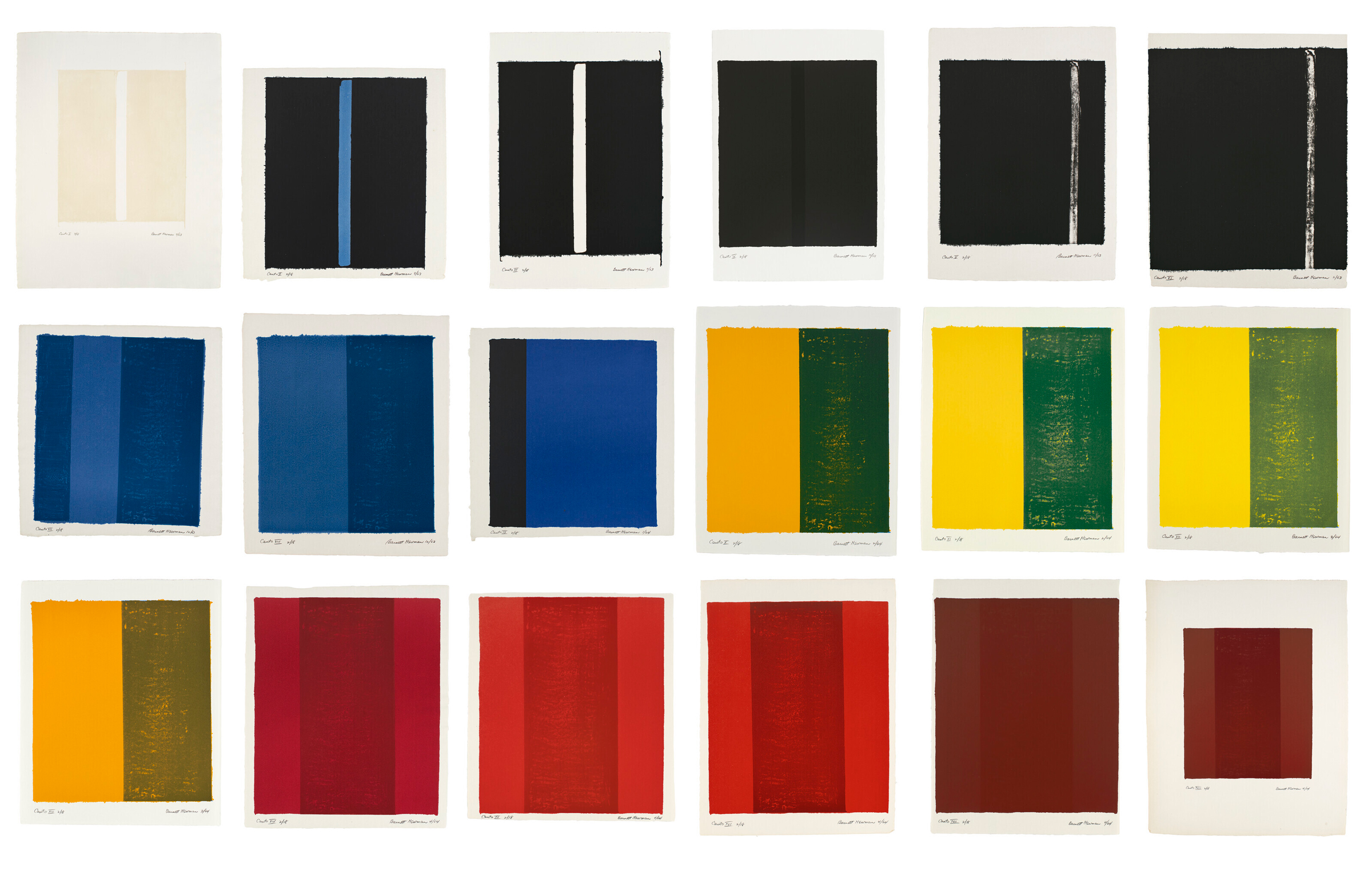 Barnett Newman (1905-1970), 18 Cantos, 1963-1964. Complete set of eighteen lithographs in colors, on various wove papers. 29 x 23 x 2 in. (73.6 x 58.4 x 5 cm). Sold for $2,107,000 in The Sale of the Century: An Important Corporate Collection of Prints and Multiples on 19 April at Christie's in New York