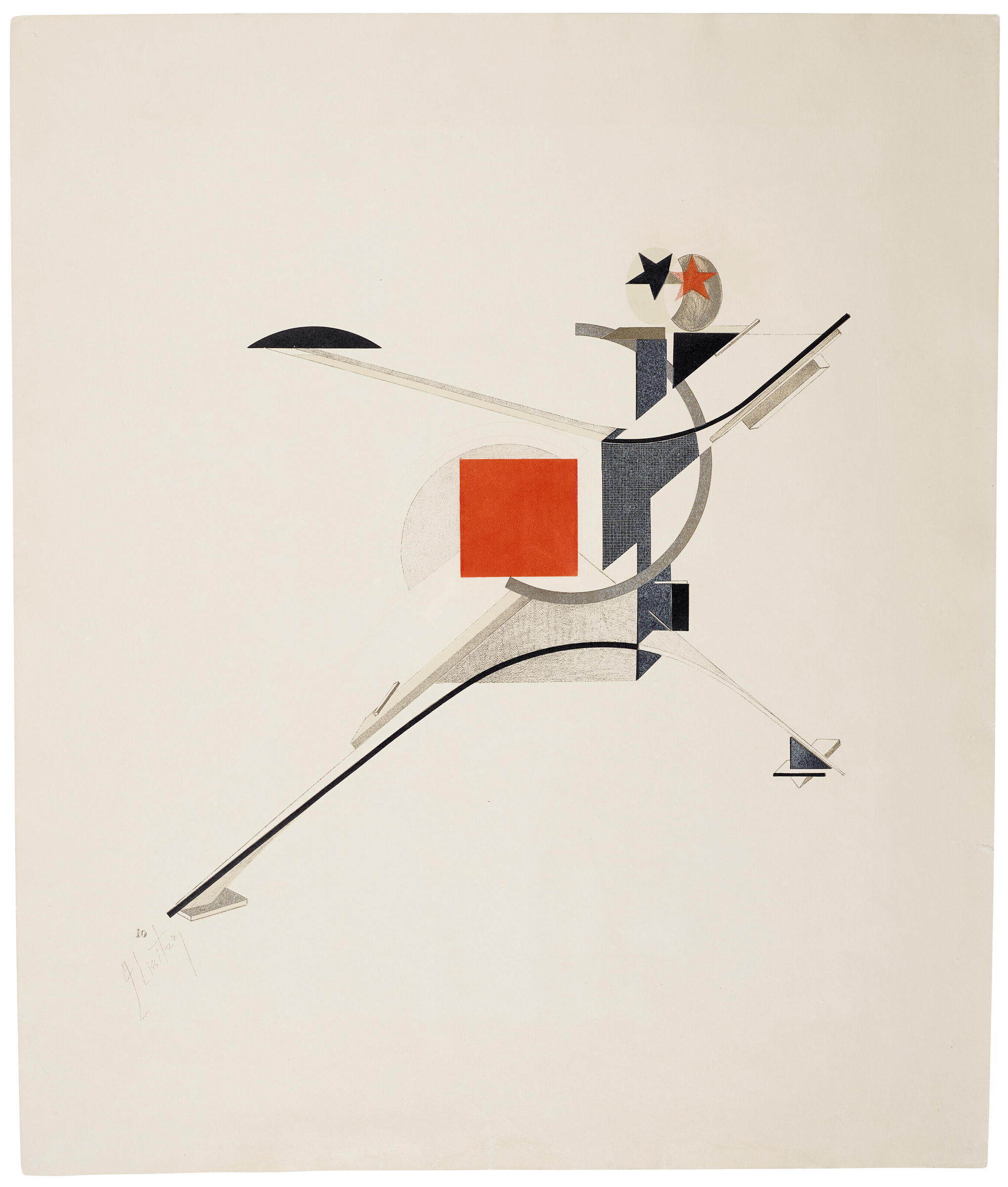 El Lissitzky (1890-1941), Die Plastische Gestaltung der Elektro-Mechanischen Schau 'Sieg über die Sonne', 1923. Lithographs in color, on machine-made wove paper. 21 x 18 in. (53 x 45.5 cm). Sold for $138,600 in The Sale of the Century: An Important Corporate Collection of Prints and Multiples on 19 April at Christie's in New York