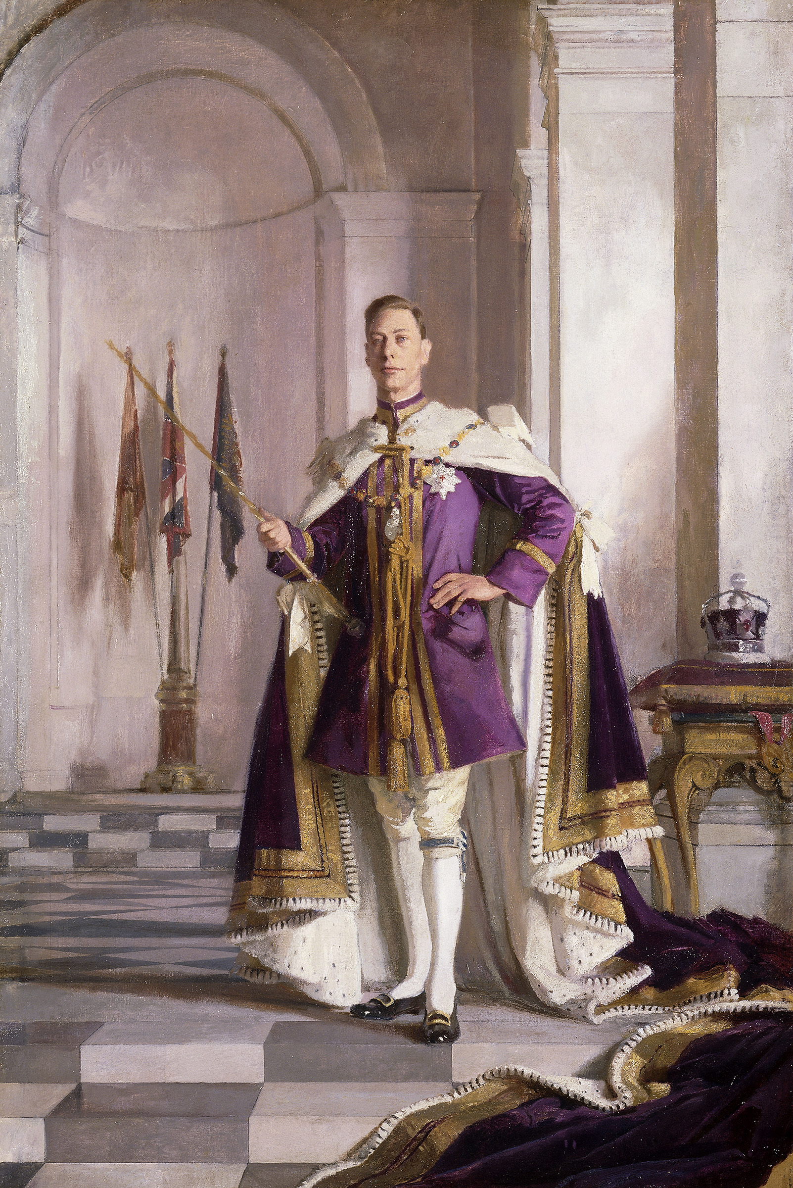 Gerald Festus Kelly (1879-1972), George VI (1895-1952). Oil on canvas. Private Collection. Artwork: © reserved. The prime version of this portrait is in the Royal Collection. It shows George standing in an interior based on the Viceroy’s Building in Delhi, India, wearing coronation robes