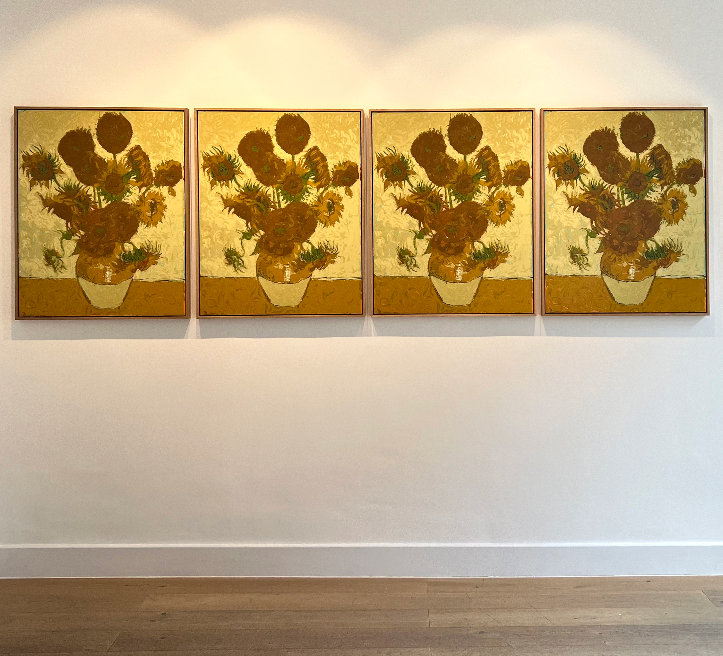 Rob and Nick Carter, Sunflowers, Robot Paintings, 2021 (after Van Gogh’s Sunflowers, 1888). Acrylic on wooden board, framed. Painting time: 49:03:03; stroke count: 9,153. © Rob and Nick Carter