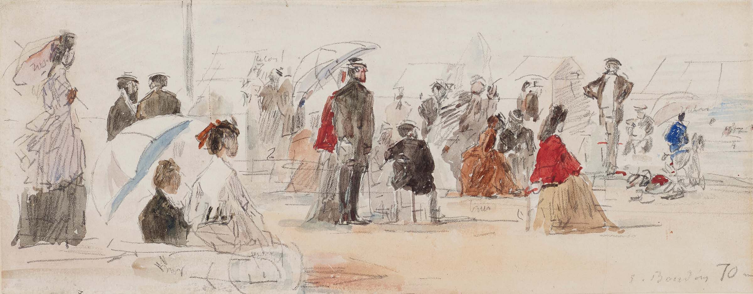 Eugène Boudin (1824-1898), Scène de plage, 1870. Watercolour and pencil on paper laid down on paper. 3 ¾ x 9 ¾ in (9.5 x 24.9 cm). Sold for $44,100 in Impressionist and Modern Art Works on Paper Sale on 13 May 2023