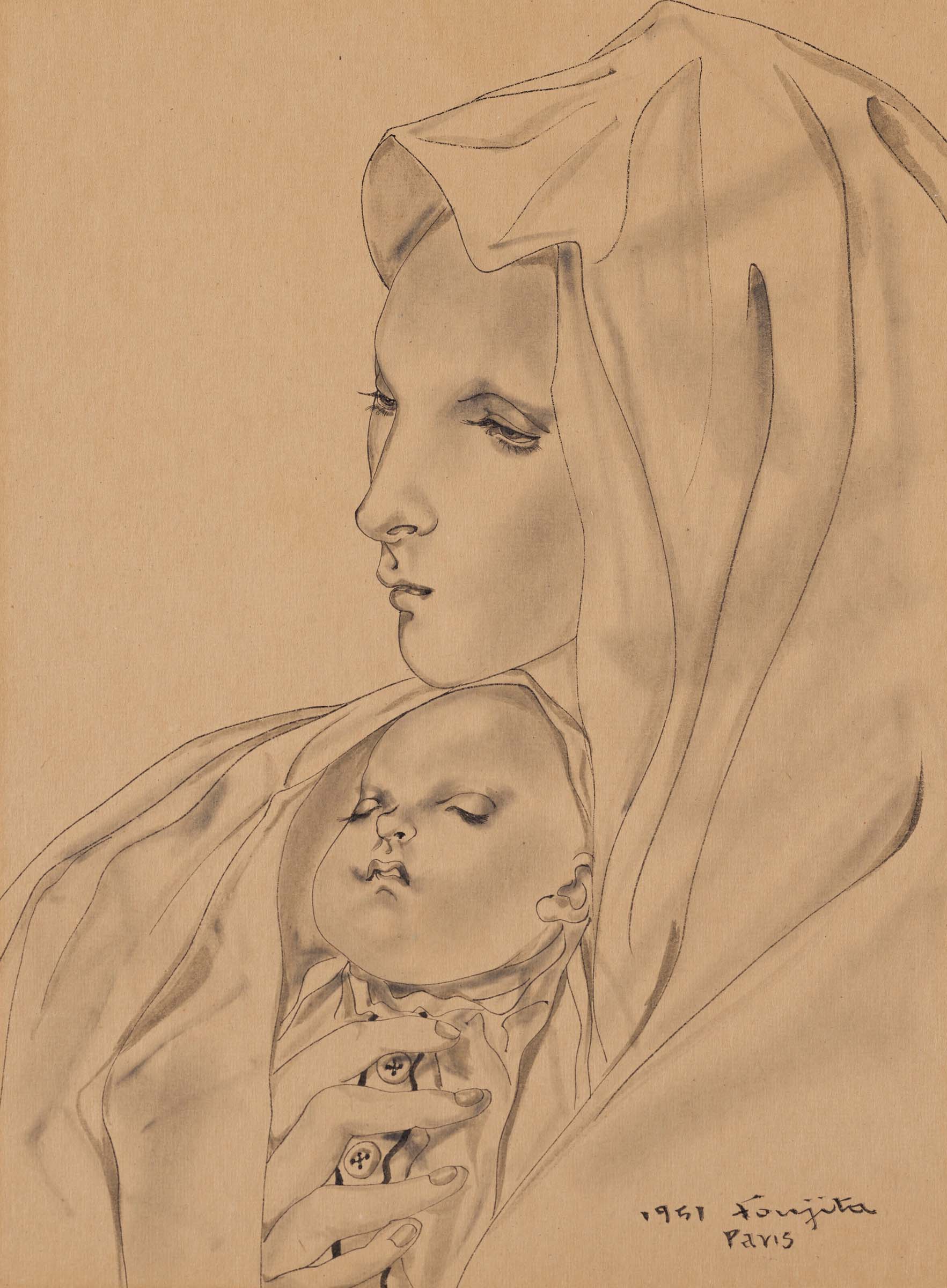 Léonard-Tsuguharu Foujita (1886-1968), Maternité, 1951. Pen and India ink and inkwash on paper laid down on card. 9 ⅛ x 6 ¾ in (23 x 17 cm). Sold for $30,240 in Impressionist and Modern Art Works on Paper Sale on 13 May 2023