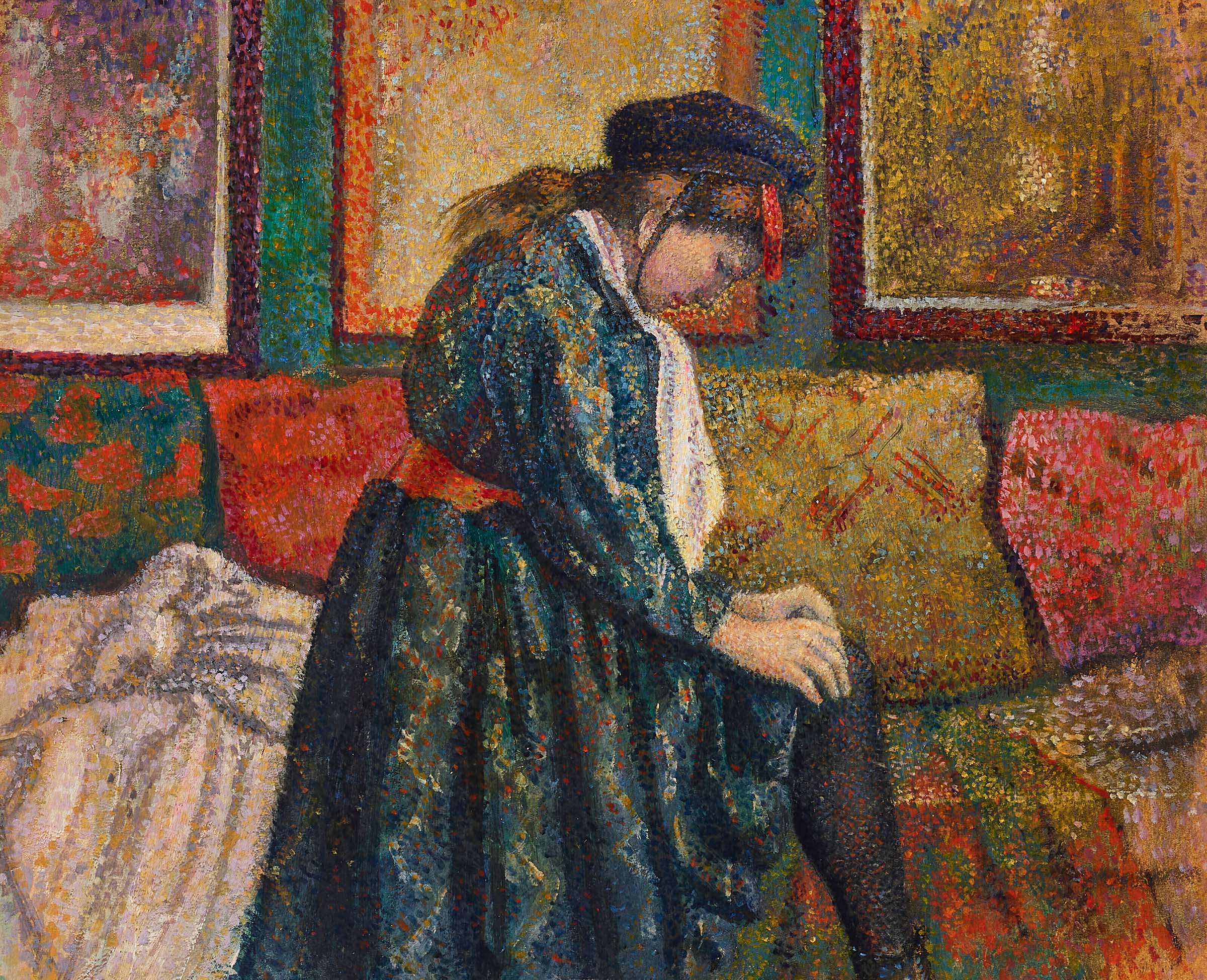 Georges Lemmen (1865-1916), La Jarretière. Oil on paper laid down on board. 11 x 13¾ in (28 x 34.9 cm). Sold for $107,100 in Impressionist and Modern Art Day Sale on 13 May 2023