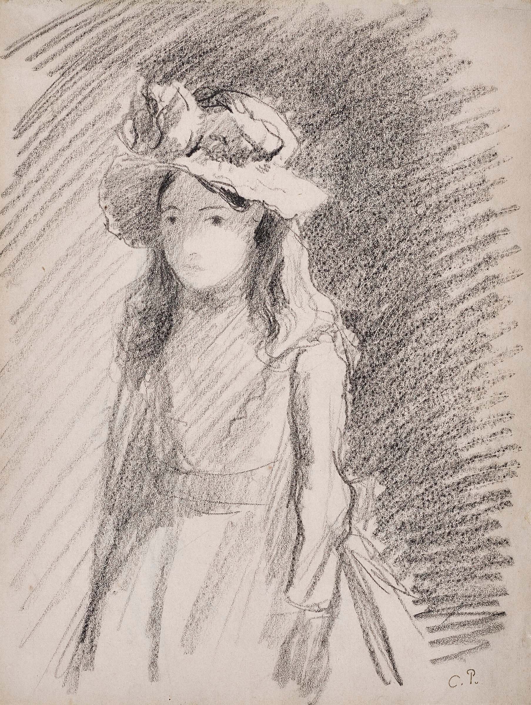 Camille Pissarro (1830-1903), Jeune fille au chapeau (recto); Etudes (verso), c. 1889. Charcoal on paper (recto); pen and black ink on paper (verso). 9 ⅛ x 7 in (23.2 x 17.7 cm). Sold for $25,200 in Impressionist and Modern Art Works on Paper Sale on 13 May 2023