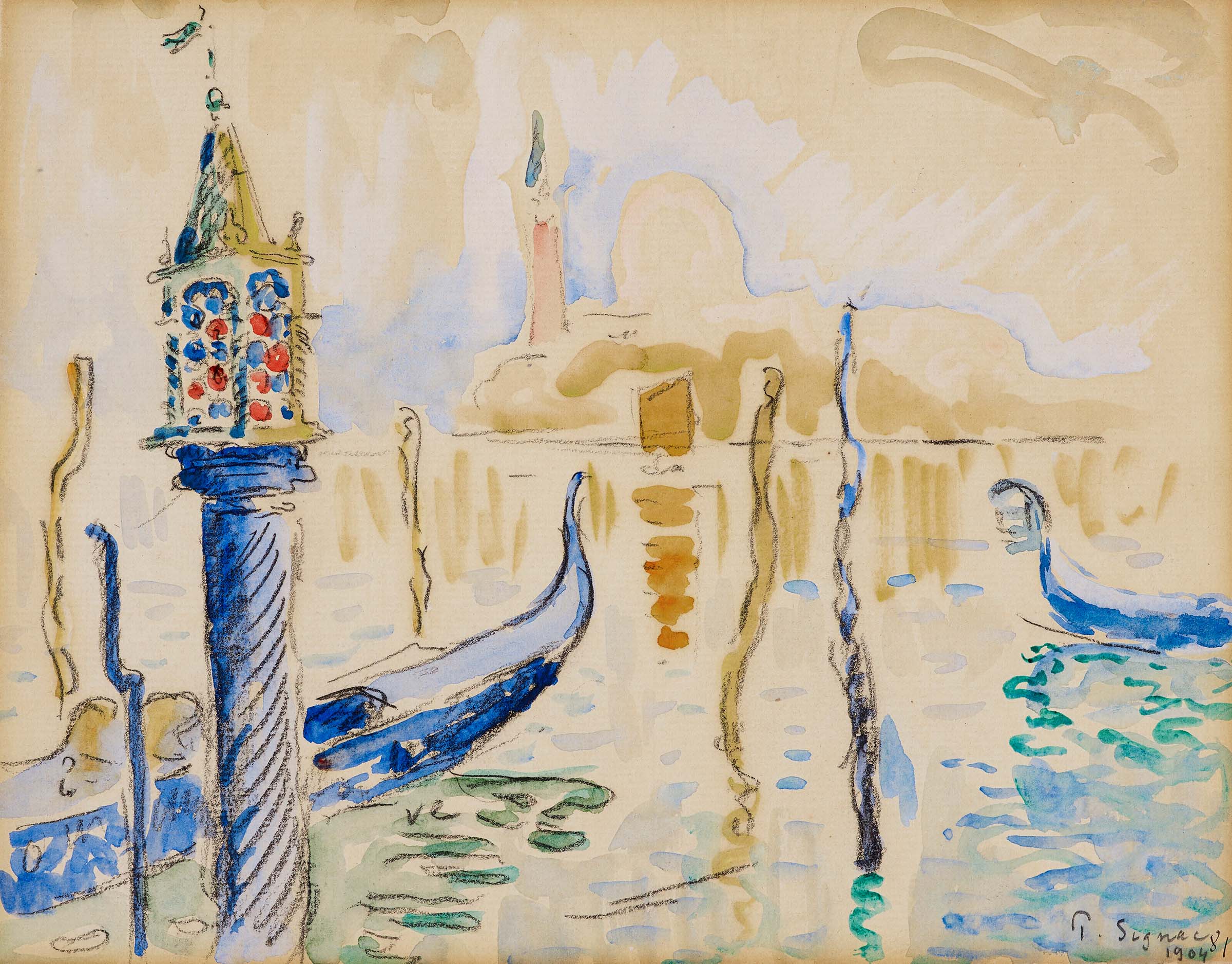 Paul Signac (1863-1935), Venise, Fanal du Traghetto, 1904. Gouache, watercolour and charcoal on paper laid down on card. 7 ¾ x 10 in (19.6 x 25.5 cm). Sold for $44,100 in Impressionist and Modern Art Works on Paper Sale on 13 May 2023