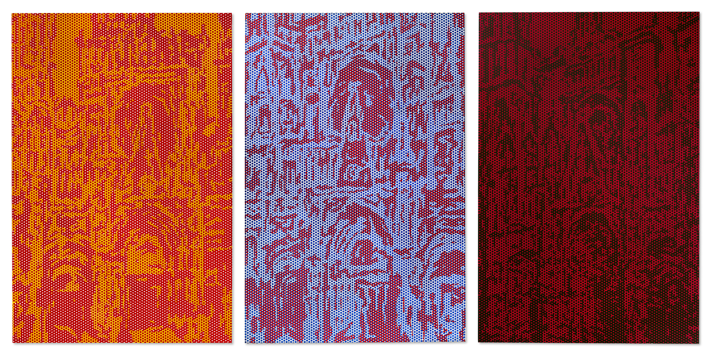 Roy Lichtenstein (1923-1997), Rouen Cathedral, Set IV, 1969. Triptych — oil and Magna on canvas. Each: 63 x 42 in (160 x 106.7 cm). Sold for $15,360,000 in Masterpieces from the S.I. Newhouse Collection on 11 May 2023 at Christies New York
