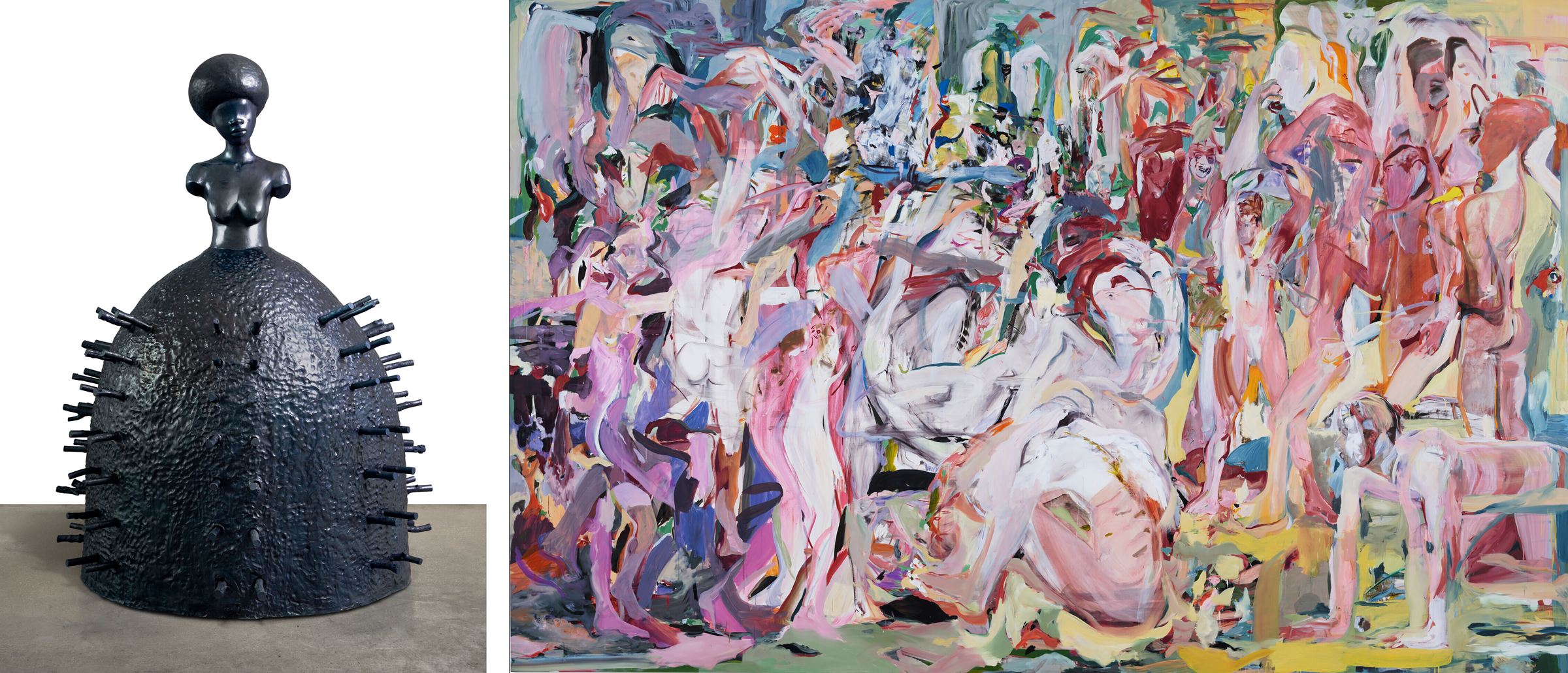 Left: Simone Leigh (b. 1967), Stick, 2019. Bronze. 85 x 63 x 63 in (215.9 x 160 x 160 cm). Sold for $2,712,000. Right: Cecily Brown (b. 1969), Untitled (The Beautiful and Damned), 2013. Oil on linen. 109 x 171 in (276.9 x 434.3 cm). Sold for $6,705,000. Both sold in 21st Century Evening Sale on 15 May 2023 at Christie’s in New York