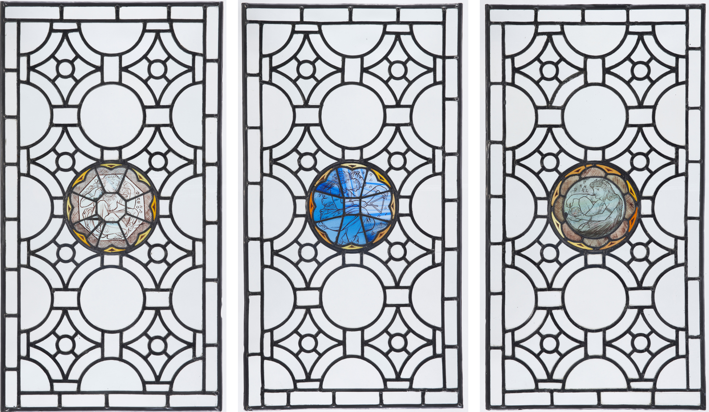 威廉‧伯吉斯(1827-1881),罕有九块“宝石”彩绘玻璃小圆窗,约1870年制。含铅彩绘玻璃。六扇窗:高 29 1/8 英寸(74 公分),宽 20 1/4 英寸(51.5 公分);三扇窗:高 37 1/2 英寸(95.3 公分),宽 20 1/4 英寸(51.5 公分)。估价:20,000-30,000美元。此拍品将于2023年6月14日于佳士得纽约“戈登·盖蒂伉俪珍藏:Temple of Wings大宅”拍卖中呈献