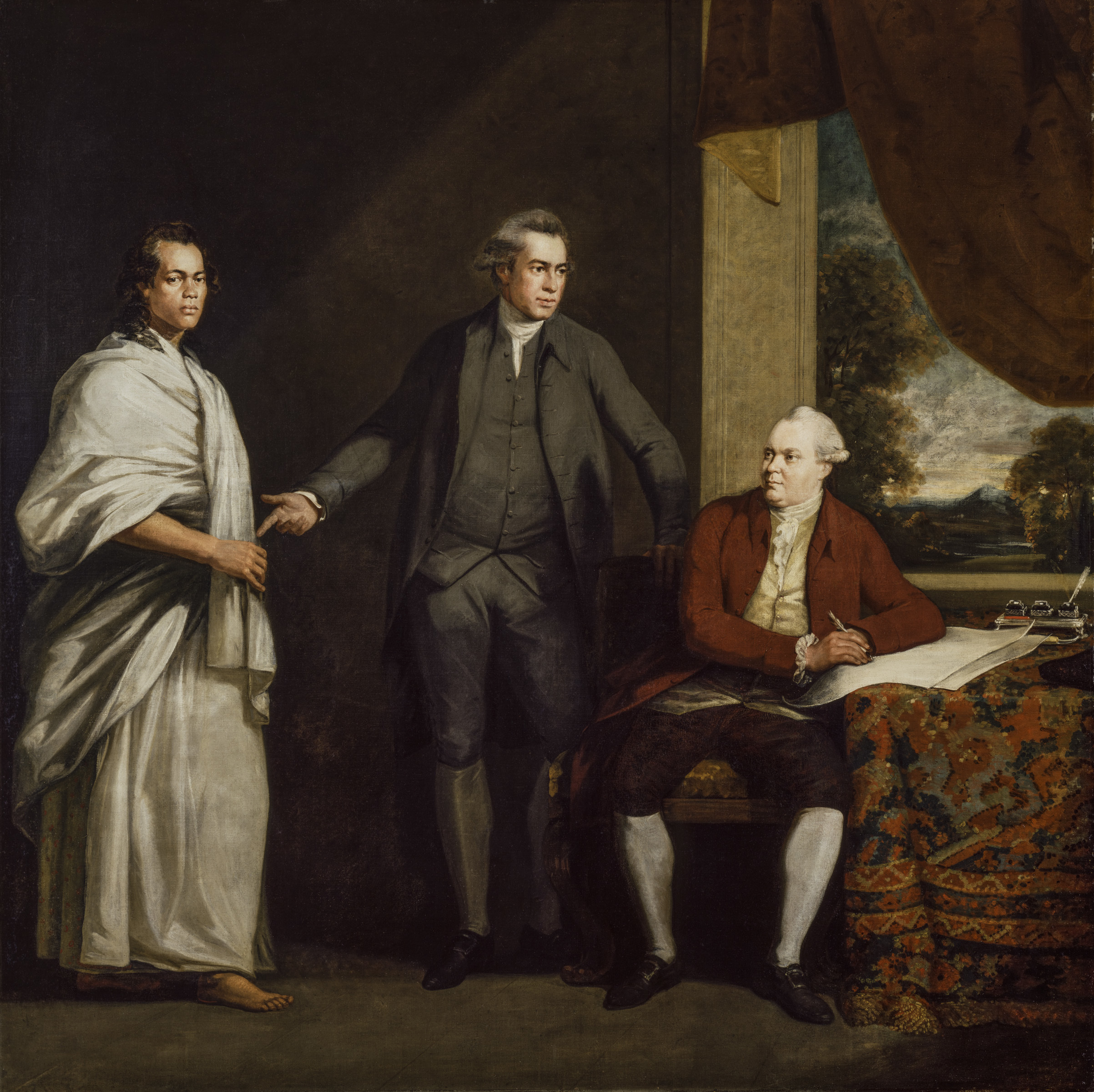 William Parry (1743-1791), Omai (Mai), Sir Joseph Banks and Daniel Solander, circa 1775-76. Oil on canvas. 60 x 60 in (152.5 x 152.5 cm). Photo: © National Portrait Gallery, London / National Museum Cardiff / Captain Cook Memorial Museum, Whitby