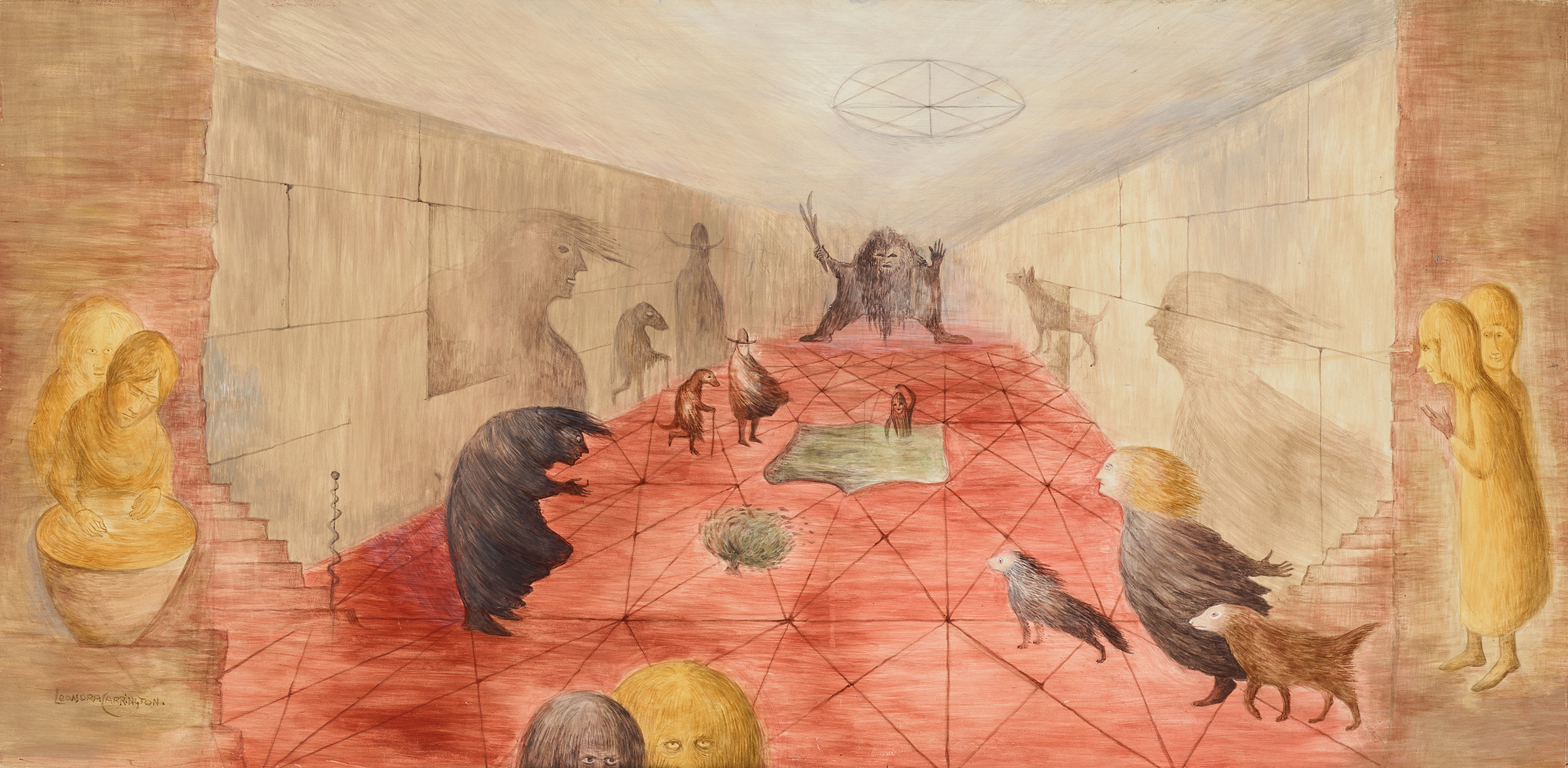 Leonora Carrington (1917-2011), Belfry, 1988. Tempera on Fibracel. 14⅞ x 30 in (37.8 x 76.2 cm). Price on request. Offered in Selfhood: Explorations of Being and Becoming in 20th and 21st Century Art, on show until 13 July 2023 at Christie’s in London, and available online until 31 August