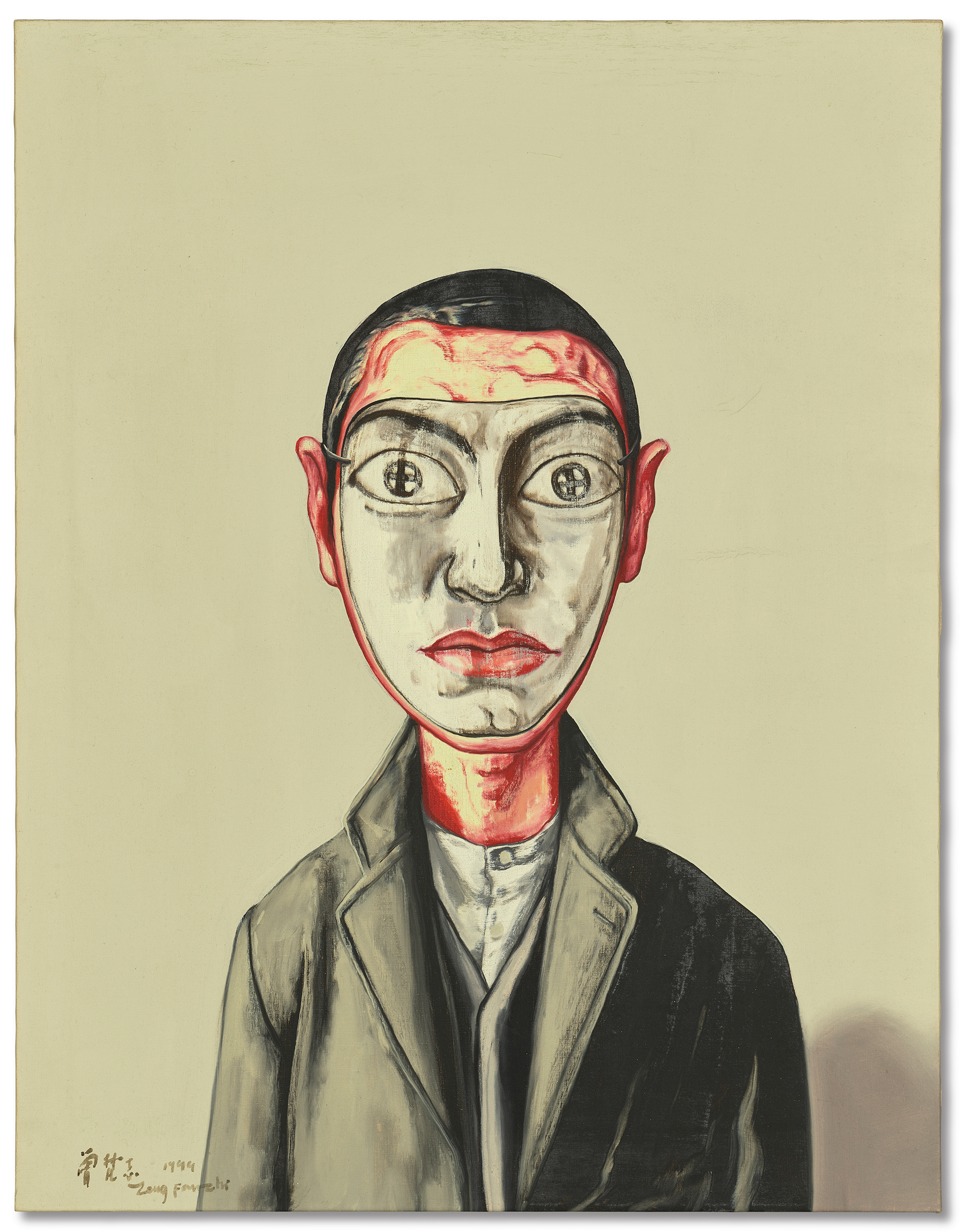 Zeng Fanzhi (b. 1964), Mask Series 1999 no. 12, 1999. Oil on canvas. 28⅝ x 22⅛ in (72.8 x 56.3 cm). Offered in Selfhood: Explorations of Being and Becoming in 20th and 21st Century Art, on show until 13 July 2023 at Christie’s in London, and available online until 31 August
