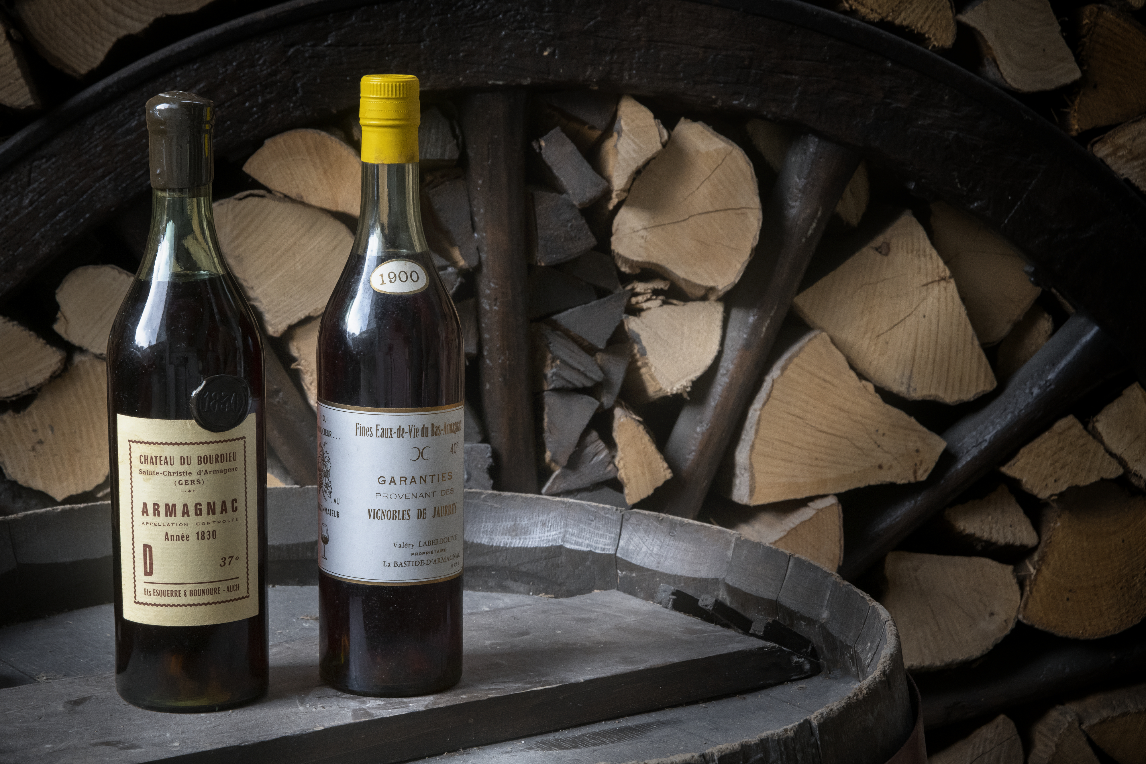 Left, Chateau du Bourdieu Armagnac 1830. 2 bottles per lot (1 shown). Sold for £5,000. Right, Laberdolive Bas Armagnac Vignoble de Jaurrey 1900. 1 bottle per lot. Sold for £2,750 both on 22 June 2023 at Christie’s Online