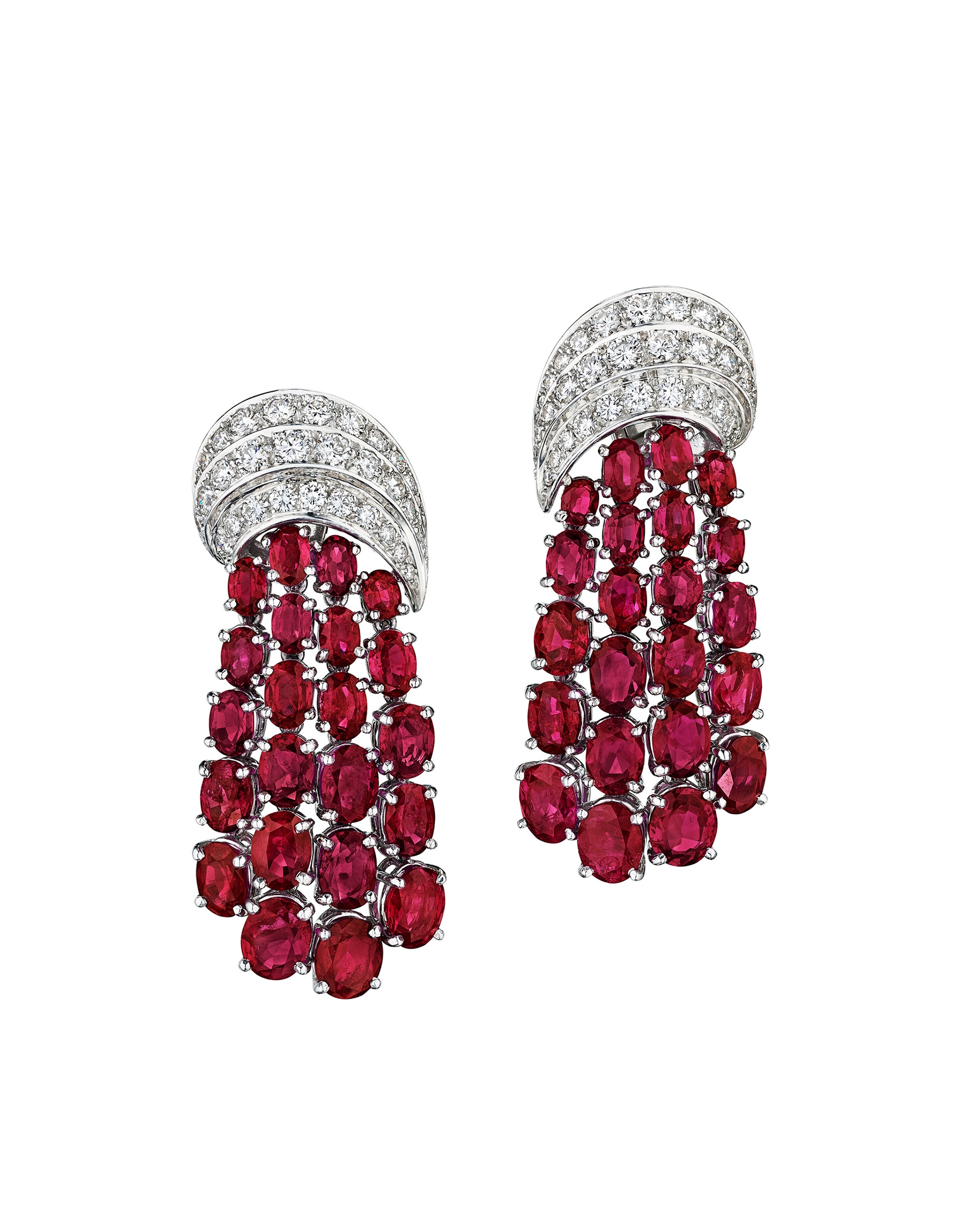 Right: A Van Cleef &amp; Arpels pair of ruby and diamond pendant earrings. Estimate: $60,000-80,000. Offered in The Magnificent Jewels of Anne Eisenhower on 7 June 2023 at Christie&rsquo;s in New York