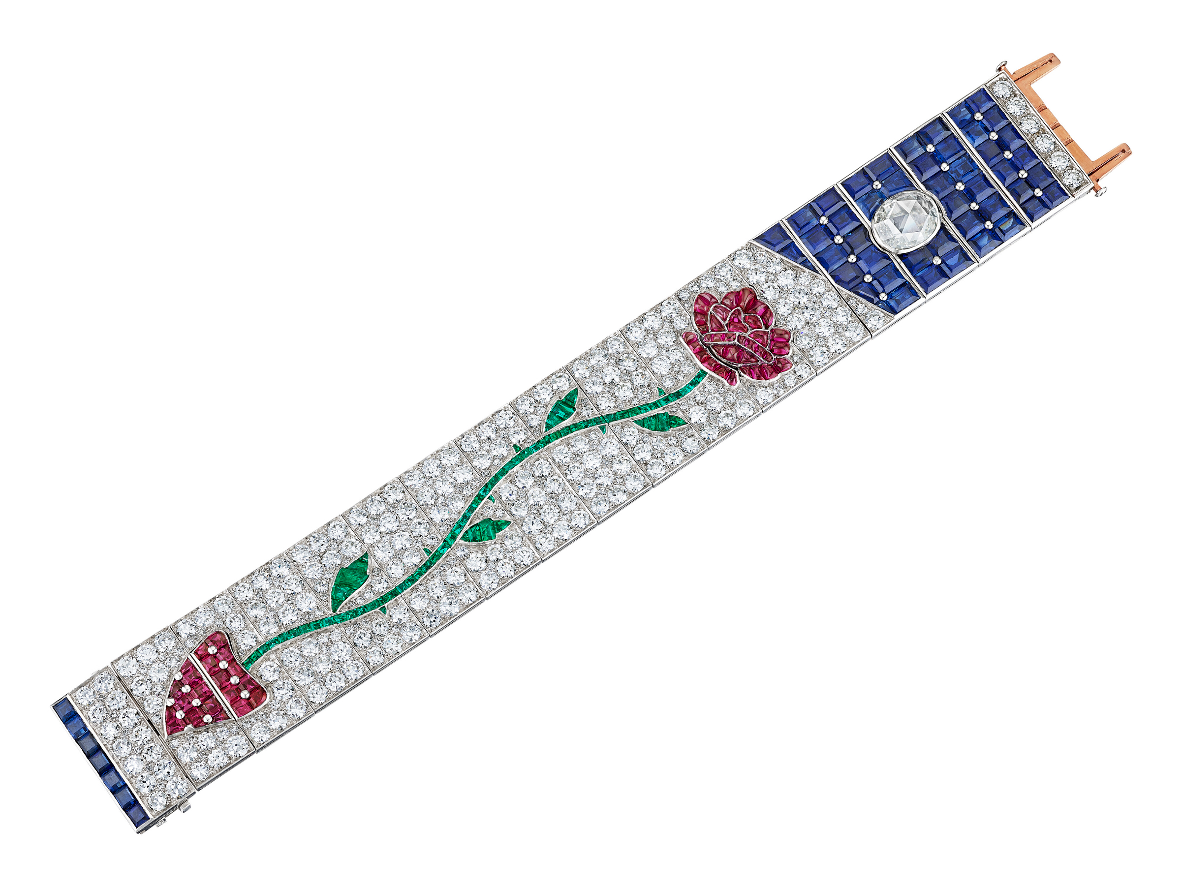 Tiffany & Co. Art Deco diamond and multi-gem ‘Moonlight Rose’ bracelet. Estimate: $500,000-700,000. Offered in The Magnificent Jewels of Anne Eisenhower on 7 June 2023 at Christie’s in New York