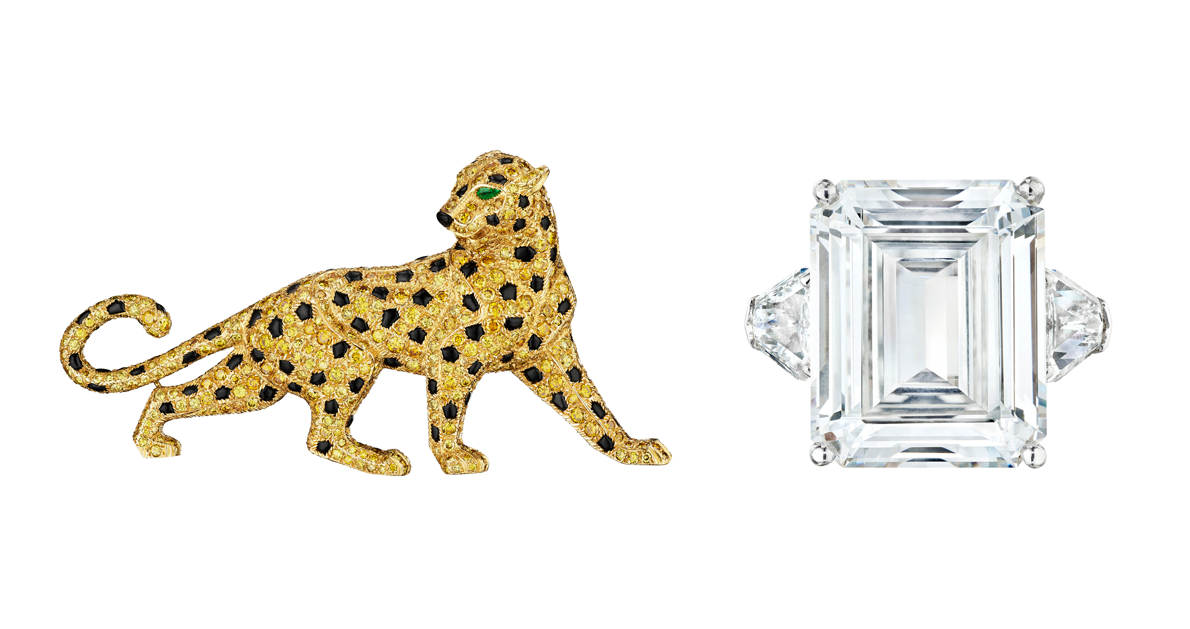 Left: Cartier coloured diamond, onyx and emerald ‘Panthère de Cartier’ brooch. Estimate: $100,000-150,000. Right: An important diamond ring, emerald-cut diamond of 20.54 carats. Estimate: $1,200,000-1,800,000. Both offered in The Magnificent Jewels of Anne Eisenhower on 7 June 2023 at Christie’s in New York