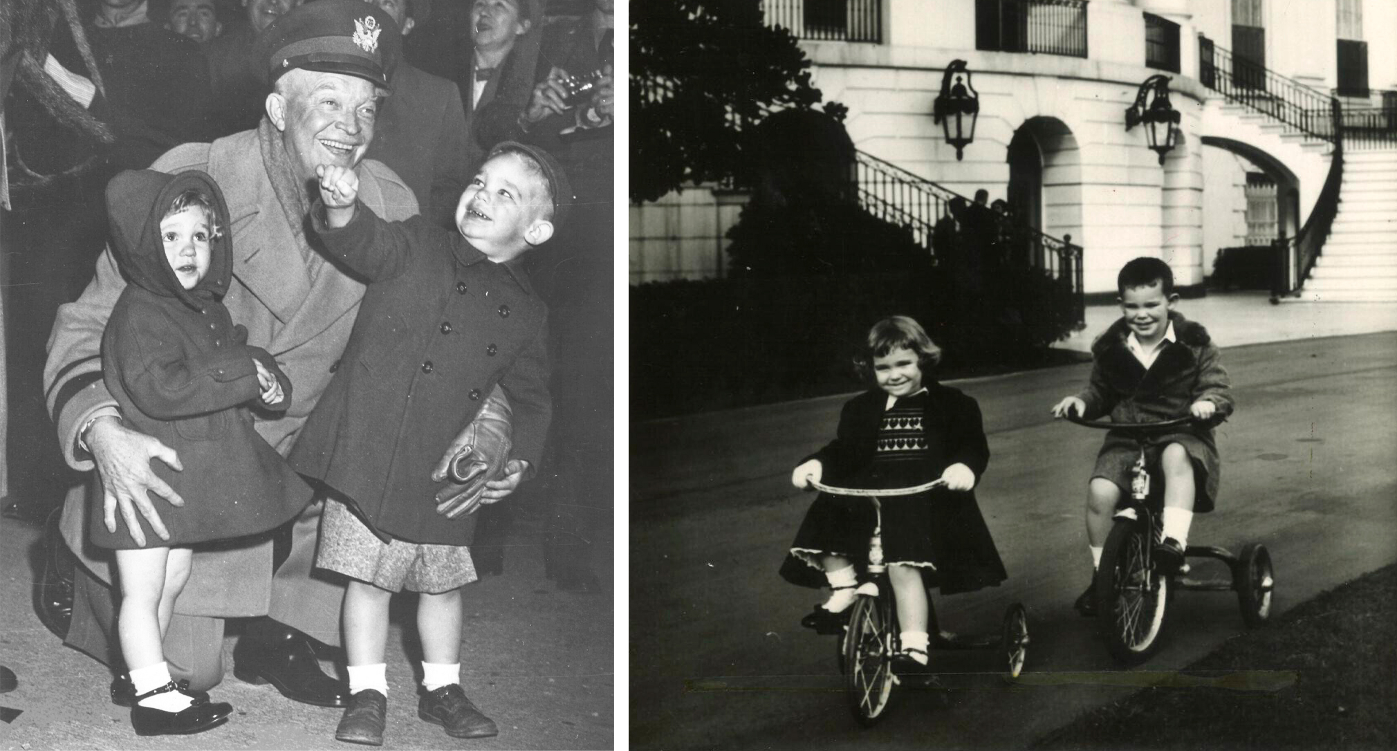 Left: President Dwight D. Eisenhower with Anne and David Eisenhower. Right: Anne and David Eisenhower visit the White House, 1953. Photograph: AP Wirephoto